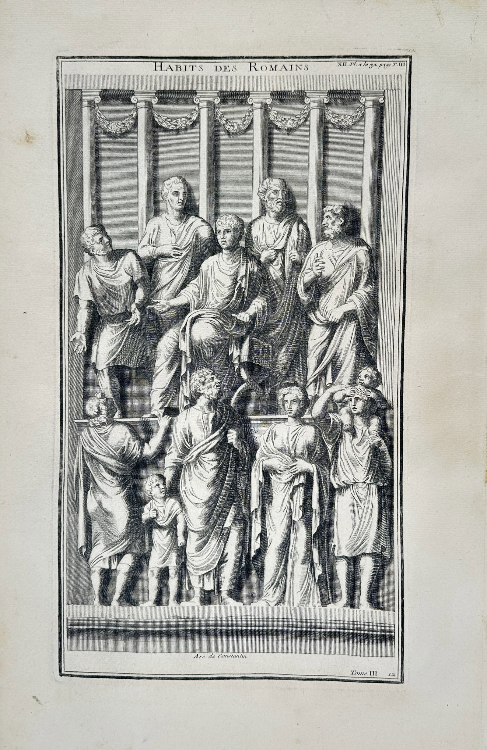 Bernard de Montfaucon – Classical Study of Roman Dress from the Arch of Constantine – Engraving: "Habits des Romains" presents a classical study of ancient Roman figures based on the sculptural reliefs of the Arch of Constantine. The composition documents a historical assembly of draped figures, 