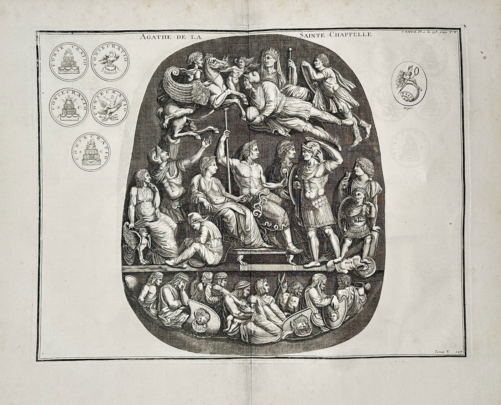 Bernard de Montfaucon – Classical Study of the Grand Camée de la Sainte-Chapelle – Engraving: Agathe de la Sainte Chappelle presents an antiquarian study illustrating a detailed engraving of a famous classical carved cameo featuring Roman emperors, deities, and captured figures arranged across