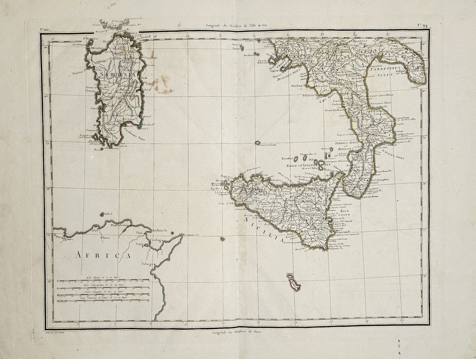 Pierre François Tardieu – Map of Southern Italy, Sicily, and Sardinia – Engraving (18th: "Southern Italy, Sicily, and Sardinia" presents a cartographic study illustrating a detailed geographic layout of the southern Italian peninsula along with the Mediterranean islands of Sicily and Sard