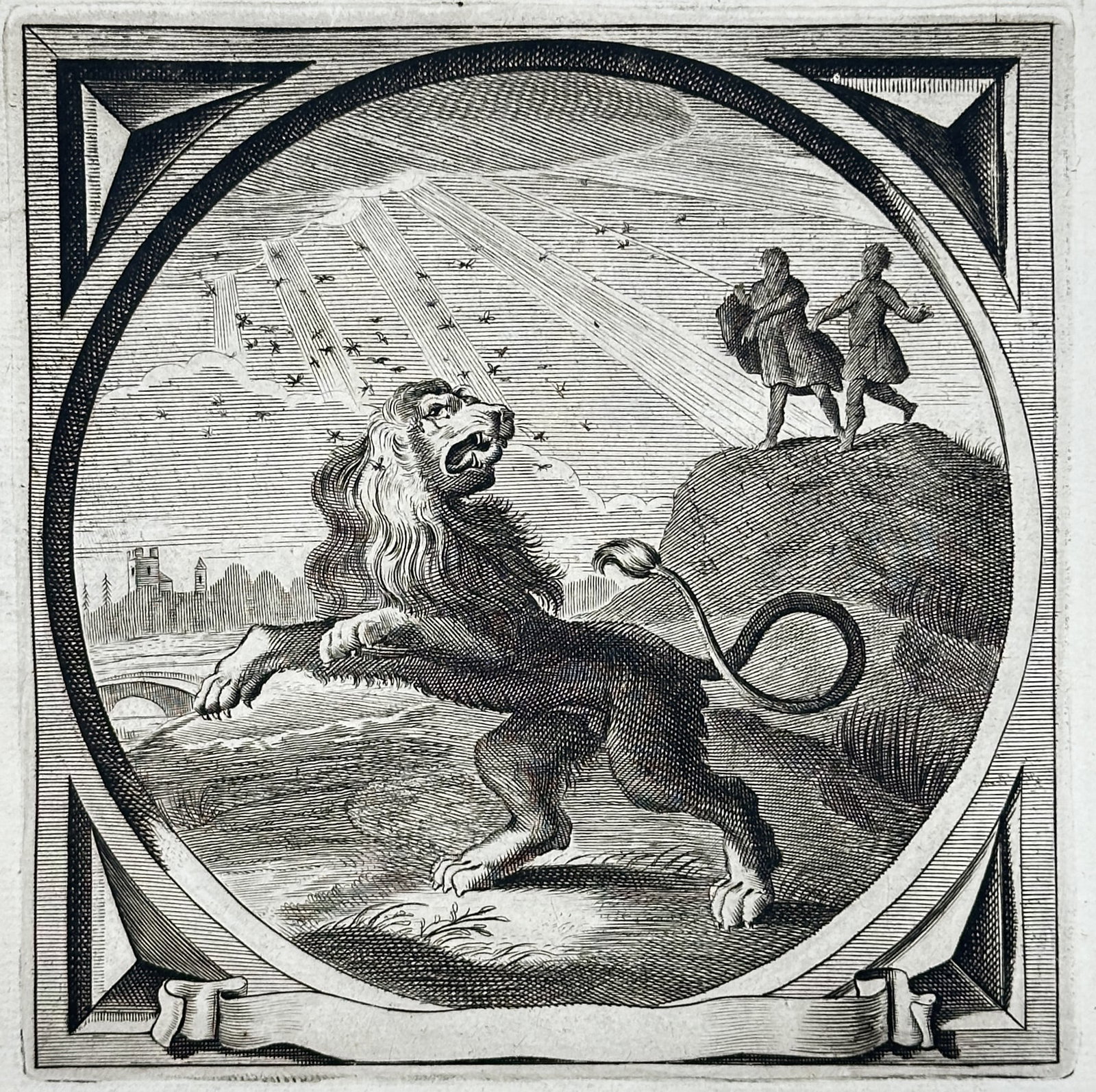 Jacob Cats – Emblematic Moral Study of a Lion and a Gnat – Engraving (17th Century): "Staten en Ampten" presents an emblematic study illustrating a roaring lion in a prominent stance, pestered by a small insect, while two figures observe from a hillside in the background. This symboli