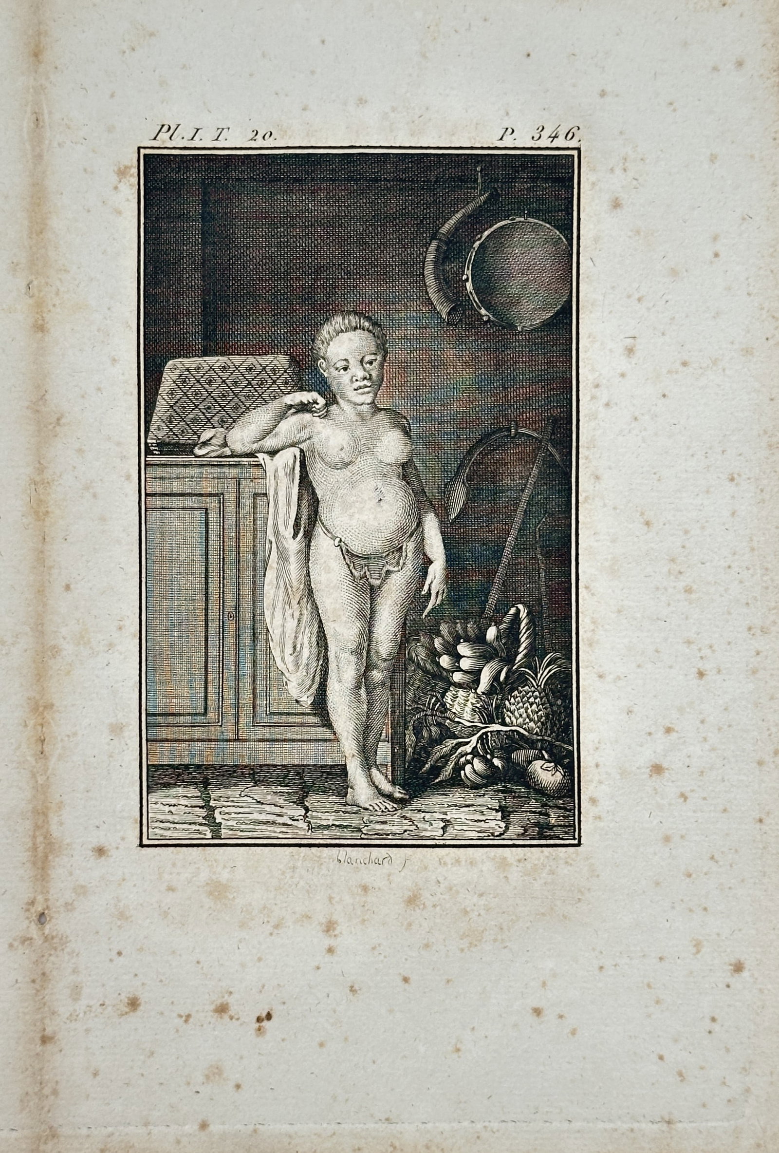 Georges-Louis Leclerc, Comte de Buffon – Anthropological Study of a Standing Figure – Engraving: "Varieties of the Human Species" presents an anthropological study illustrating a standing figure leaning against a wooden cabinet in an interior setting. This ethnographic plate documents the individ
