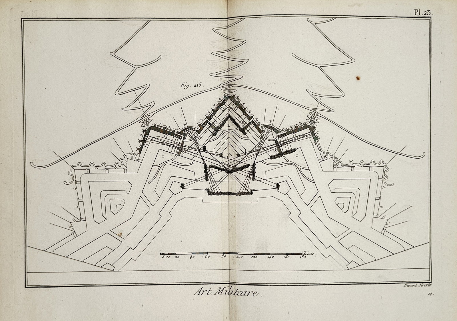 Robert Benard – Technical Study of Military Fortification Architecture – Engraving (18th: "Art Militaire" presents a military engineering study illustrating a detailed architectural plan of a star fortification system and tactical siege trenches. This technical plate documents geometric de