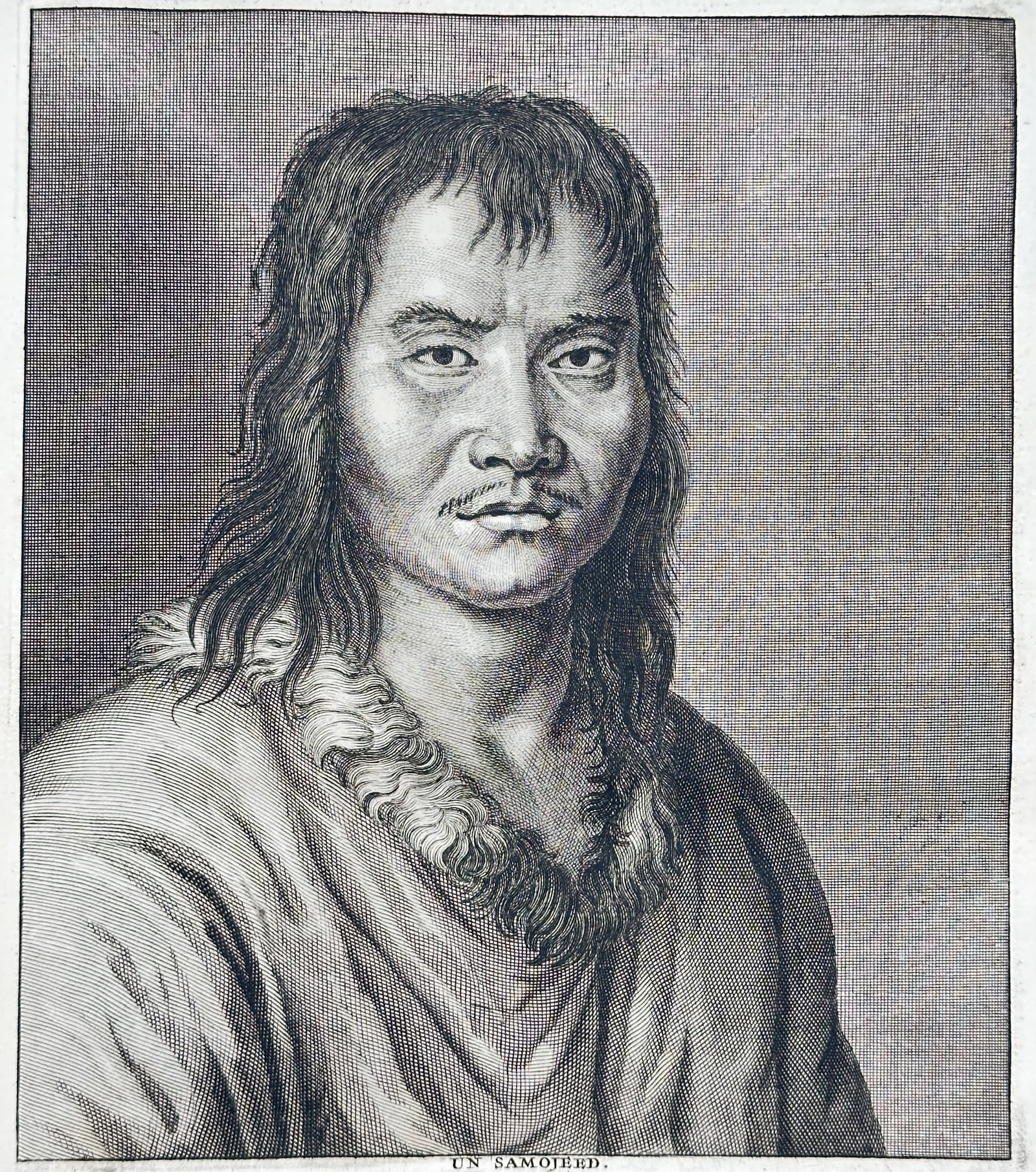 Cornelis de Bruijn – Anthropological Portrait Study of a Samoyed Man – Engraving (1714): "A Samoyed" presents an ethnographic portrait study illustrating a bust-length view of an indigenous man wearing traditional fur-trimmed clothing. This descriptive plate documents the facial features,