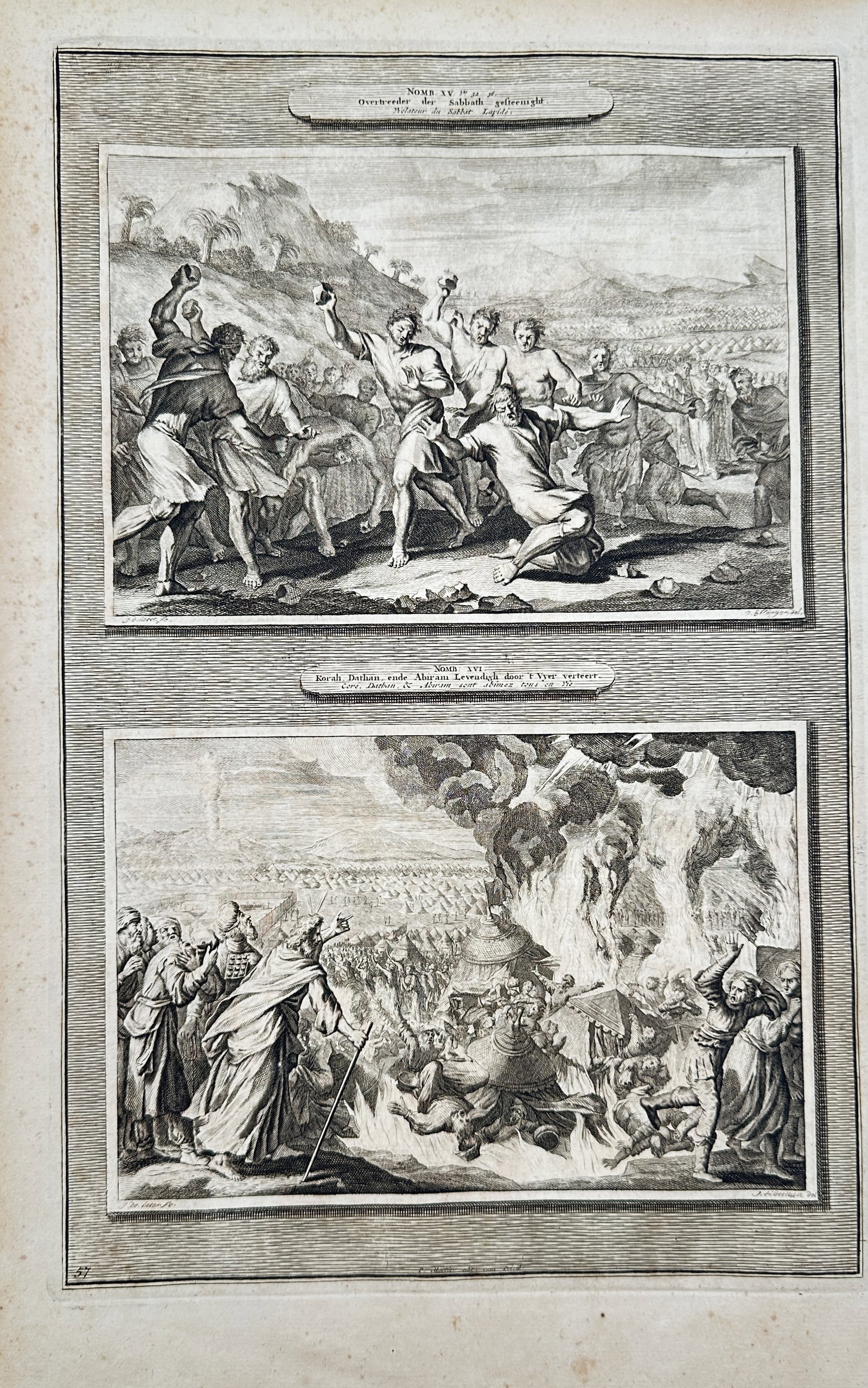 Pierre Mortier – Biblical Scenes from the Book of Numbers – Engraving (18th Century): "The Sabbath-Breaker Stoned and the Punishment of Korah, Dathan, and Abiram" presents a biblical study illustrating two distinct narrative events from the Old Testament with figures in dramatic states