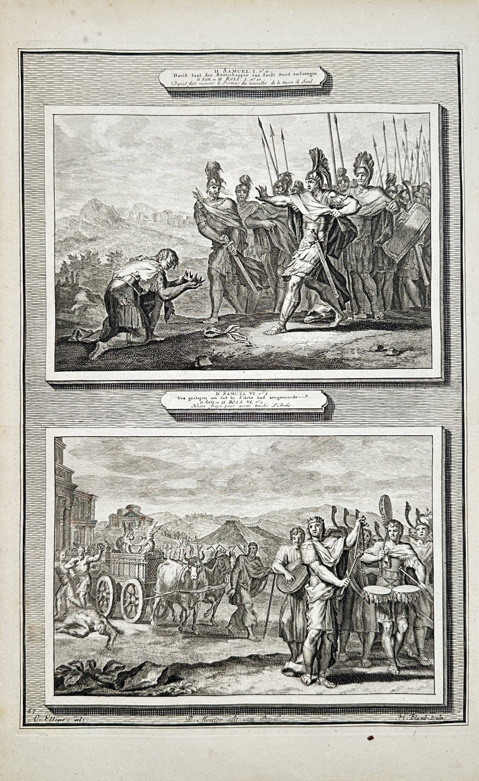 Pierre Mortier – Biblical Scenes from the Book of Second Samuel – Engraving (18th Century): "The Amalekite Bringing the Crown to David and David Dancing Before the Ark" presents a biblical study illustrating two narrative events from the Old Testament featuring a messenger kneeling before mi
