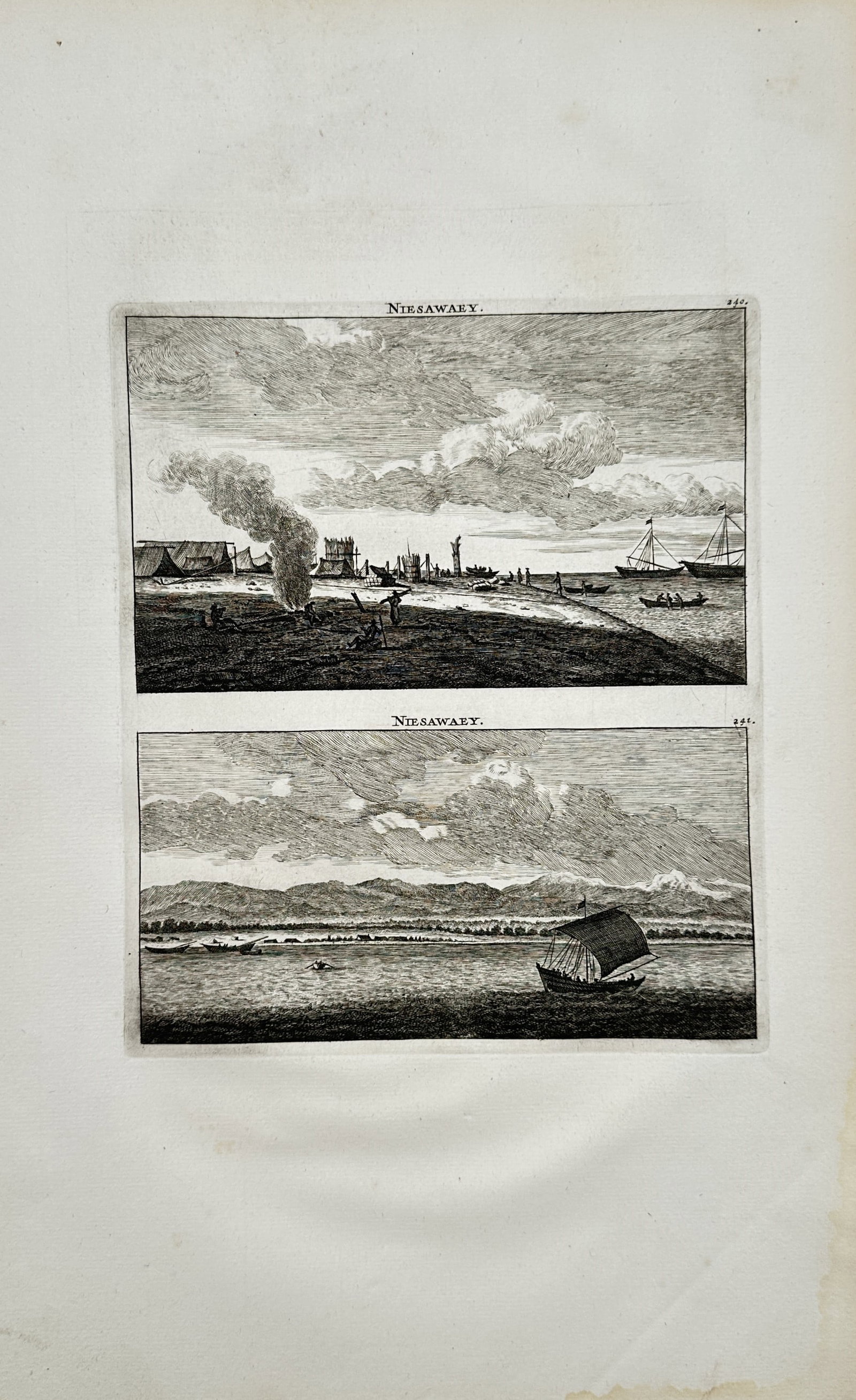 Cornelis de Bruijn – Topographical Study of Niesaweye Coastlines – Engraving (1714): "Niesaweye" presents a topographical study illustrating coastal vistas with maritime vessels, shoreside settlements, and smoking campfires under expansive skies. This descriptive plate documents the r
