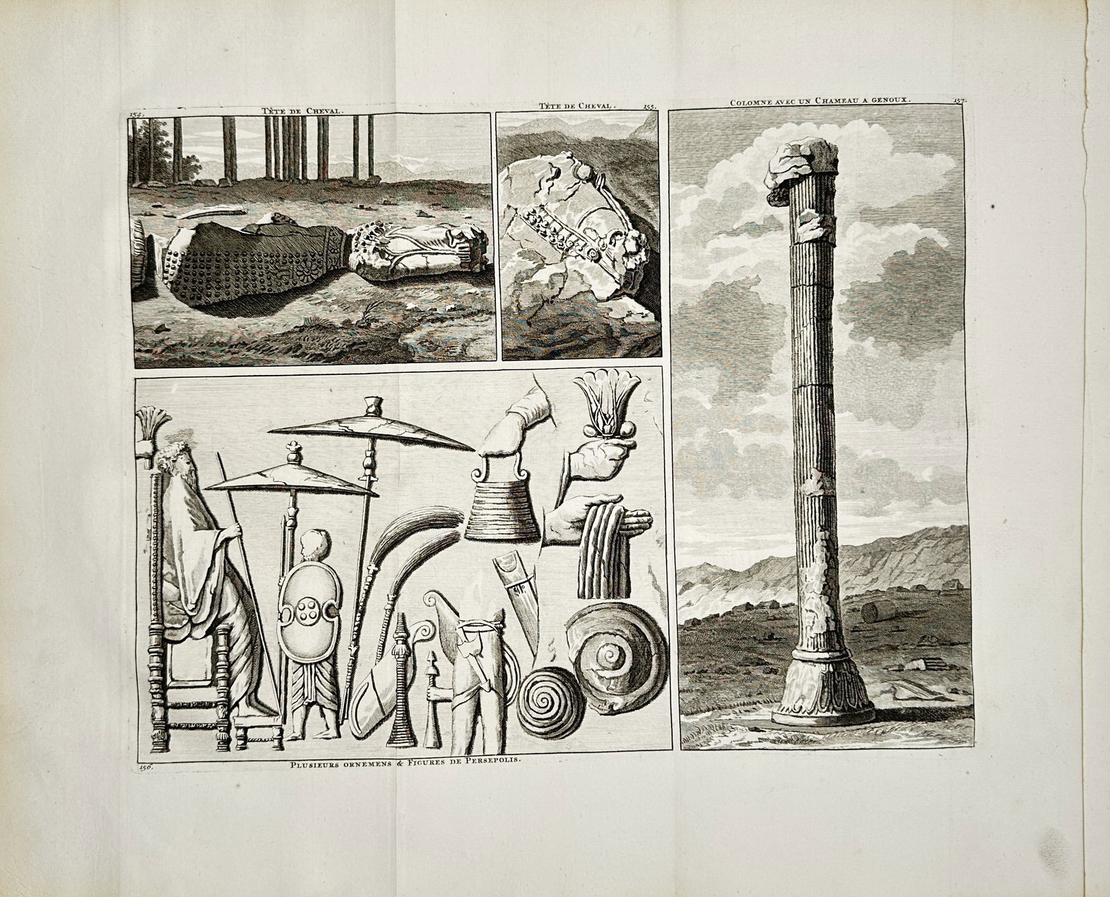 Cornelis de Bruijn – Archaeological Study of Ornaments and Columns from Persepolis – Engraving: "Several Ornaments and Figures of Persepolis" presents an archaeological study illustrating classical Persian architectural ruins, including a tall fluted column, fallen horse-headed capitals, and low
