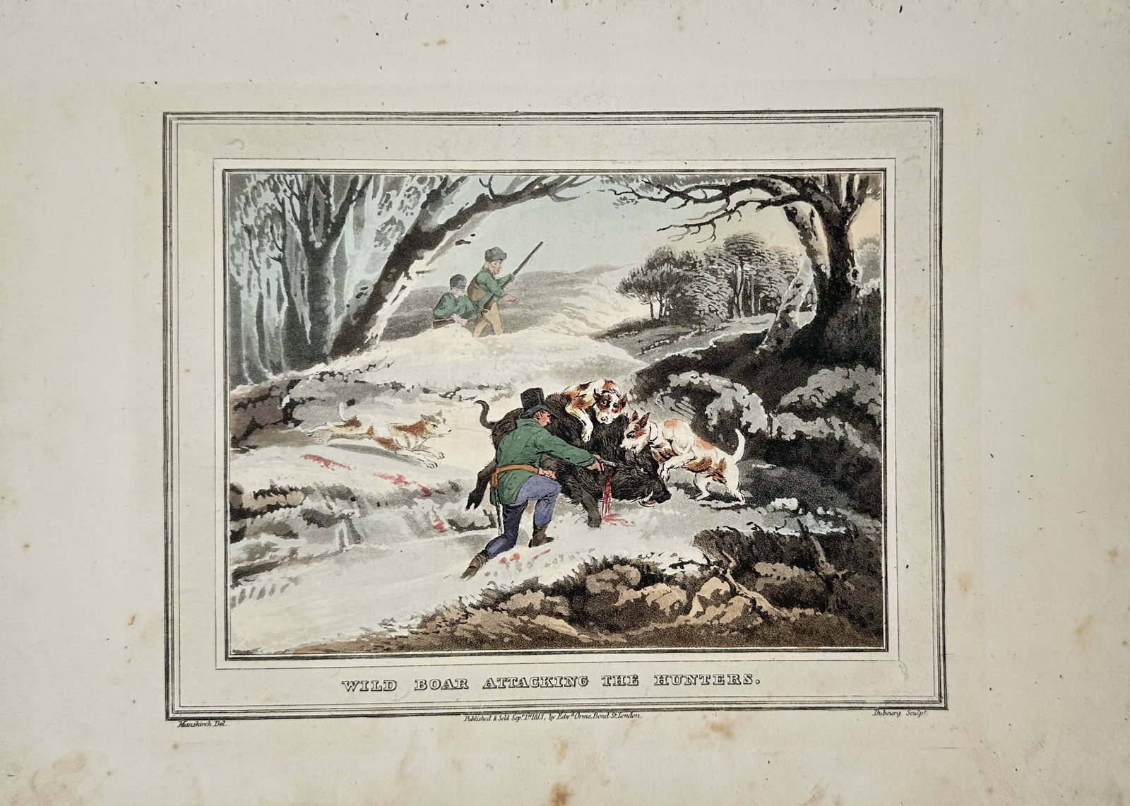 Franz Joseph Manskirch – Sporting Study of a Wild Boar Hunt – Hand-coloured aquatint (1813) (1 of 2)