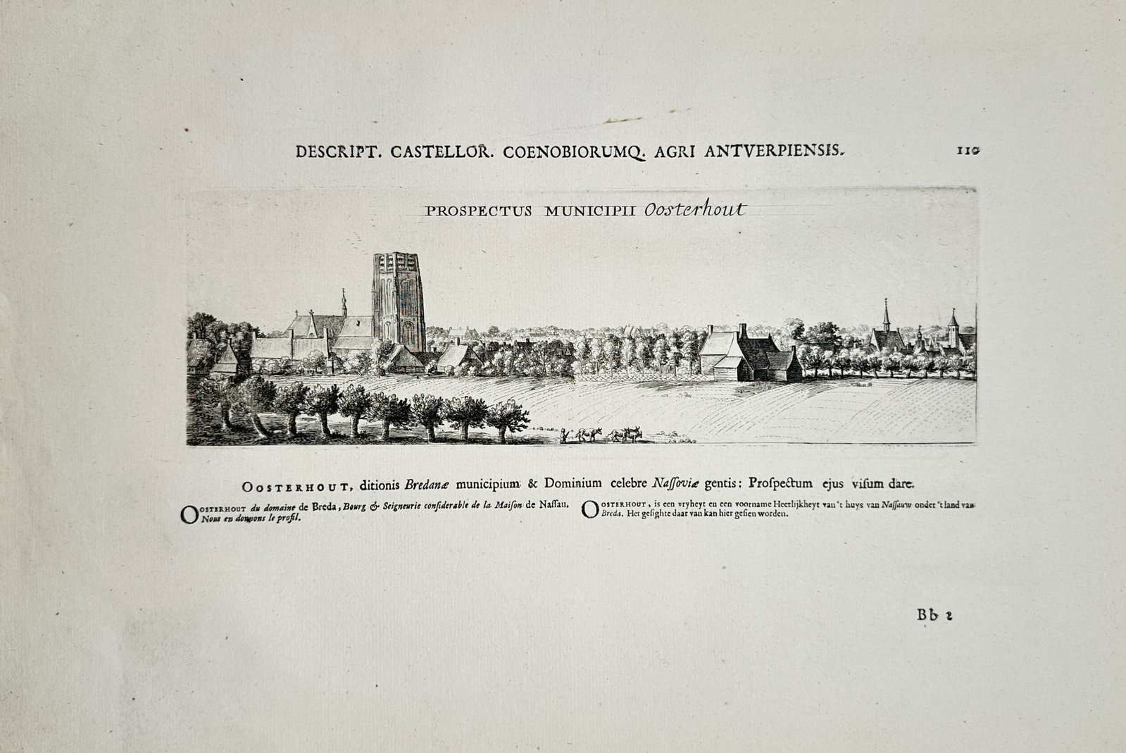 Jacques Le Roy – Topographical Study of Oosterhout – Engraving (1696): "Prospectus Municipii Oosterhout" presents a topographical study illustrating a panoramic vista of a regional town featuring a prominent church tower, cluster of village houses, and surrounding agricu