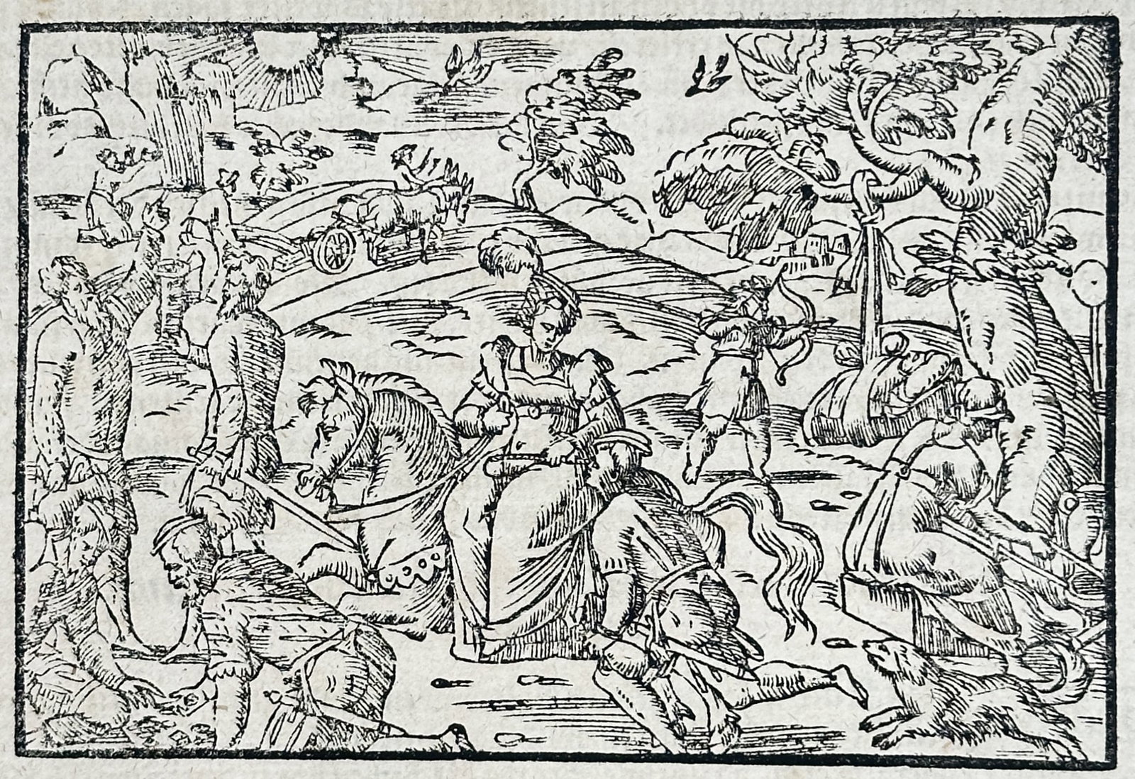 Sebastian Munster – Historical Study of the Customs of the Ancient French – Woodcut (16th: "Of Manners and Customs of the Ancient French" presents a historical study illustrating several figures on horseback and on foot engaged in traditional activities within an outdoor landscape beneath l