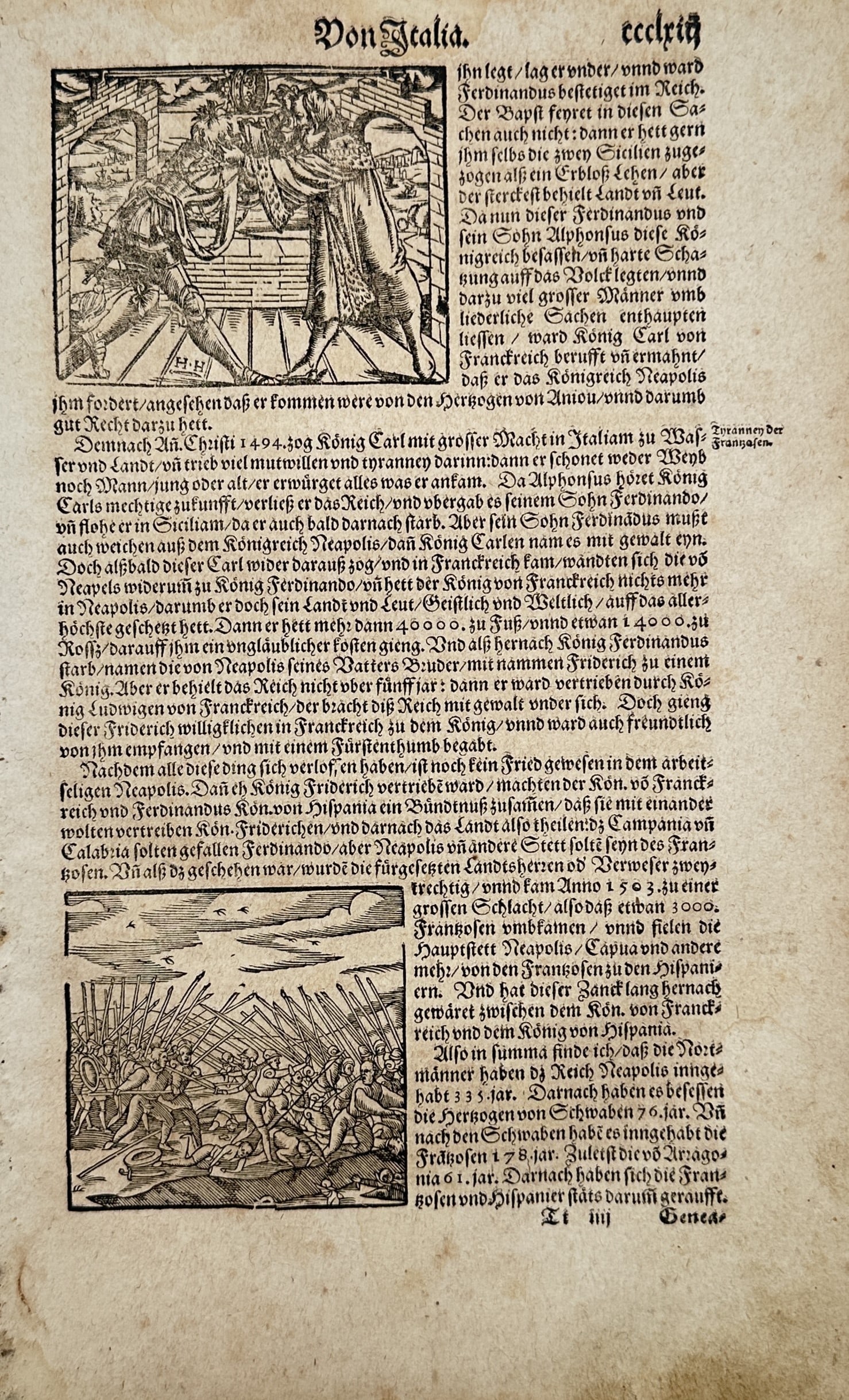 Sebastian Munster – Historical Study of Italy and Military Conflicts – Woodcut (16th Century): "Of Italy" presents a historical study illustrating narrative scenes of political encounter and military combat with soldiers amidst a field of pikes beneath early heading text. This descriptive plate