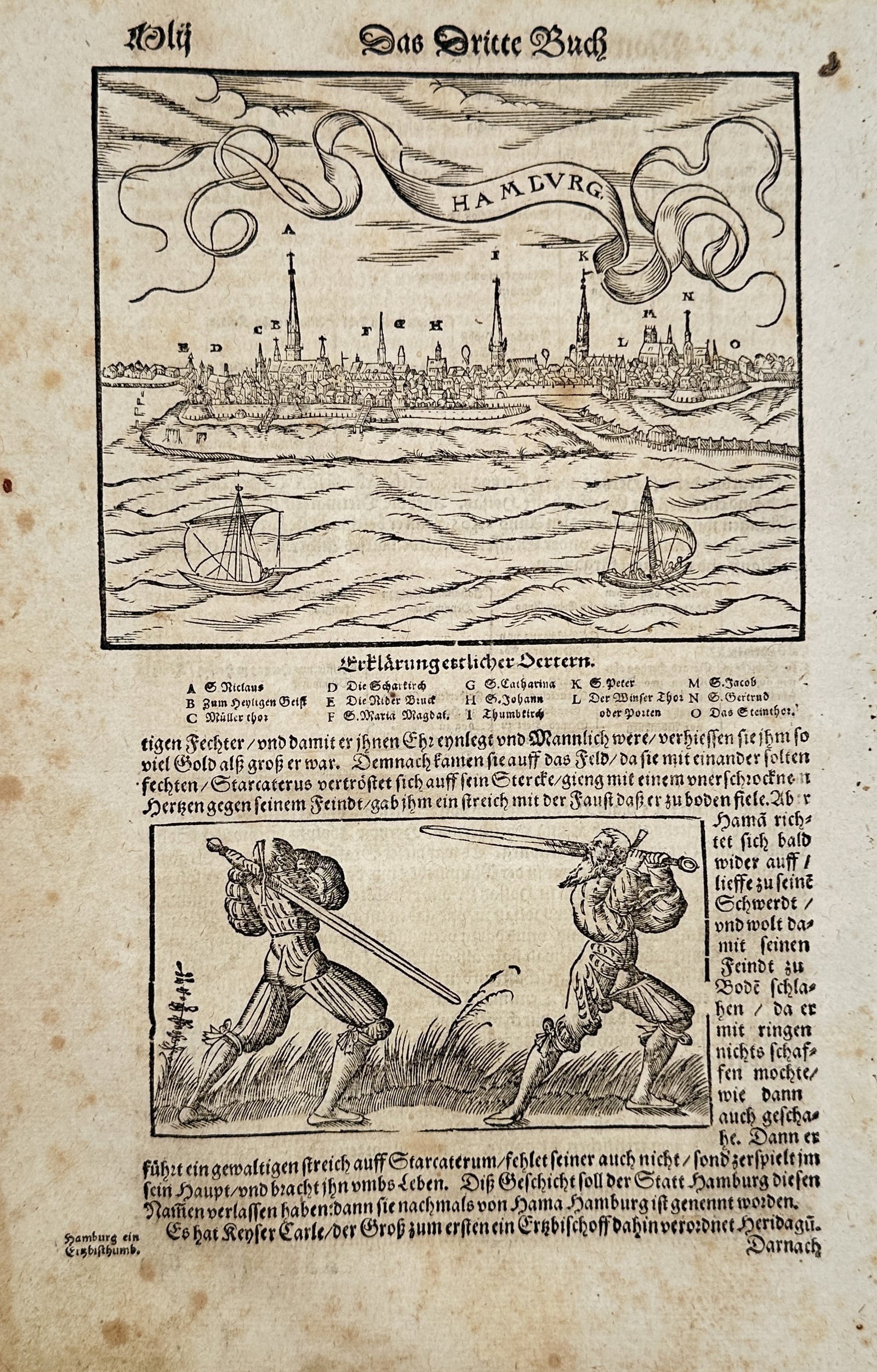 Sebastian Münster – Map of Hamburg and Historical Combat Study – Woodcut (16th Century): "Hamburg" presents a topographical and historical study illustrating a panoramic skyline of the fortified city of Hamburg from the water with sailing vessels, alongside a separate narrative block depi