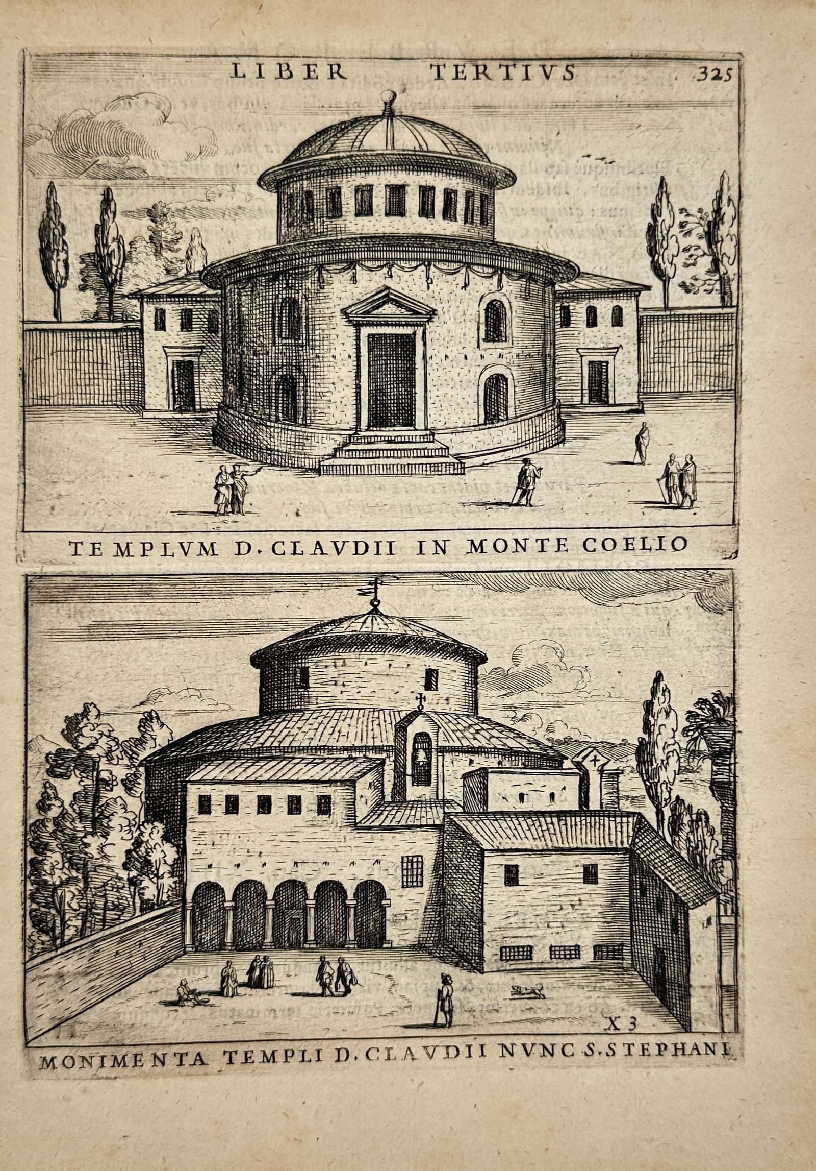 Alessandro Donati – Architectural Study of the Temple of Claudius – Engraving (17th Century): "Temple of Divine Claudius on the Caelian Hill" presents an architectural study illustrating two distinct views of the classical Roman complex, showing its original circular domed design alongside its