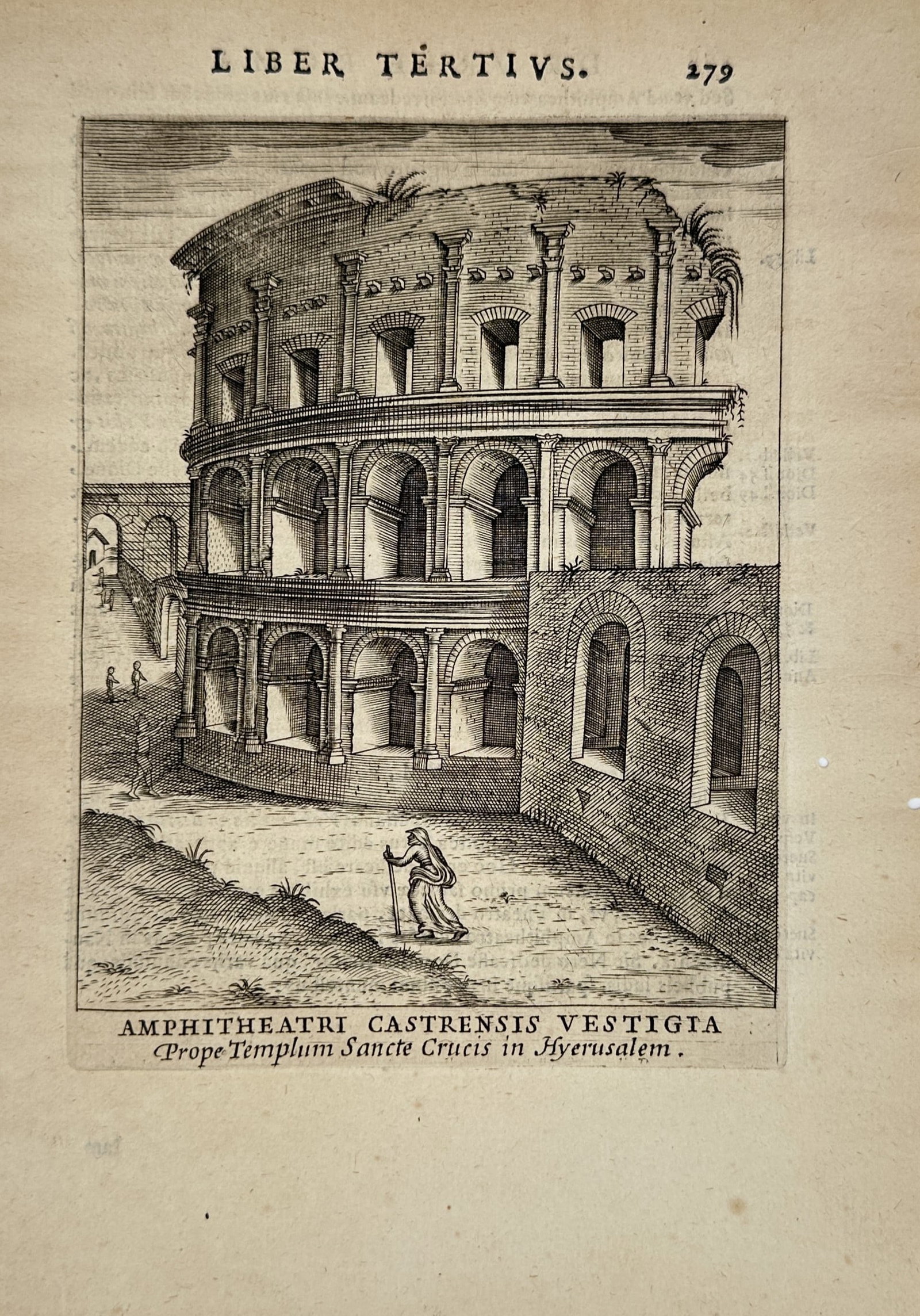 Alessandro Donati – Architectural Study of the Amphitheatrum Castrense – Engraving (17th: "Amphitheatri Castrensis Vestigia" presents an architectural study illustrating the ruined, multi-tiered curved facade of the ancient Roman Amphitheatrum Castrense, showcasing its rows of open arched 