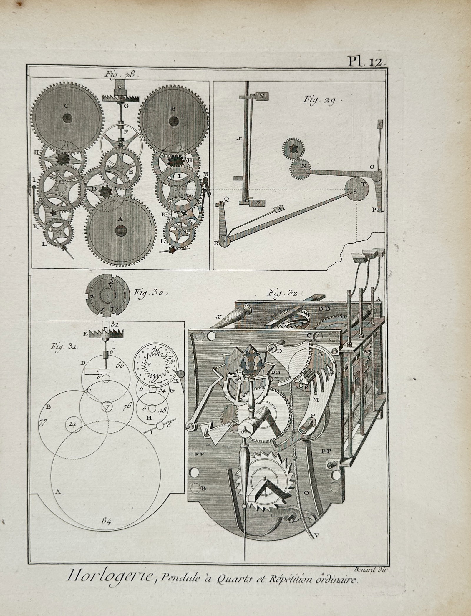 Robert Bénard – Technical Study of Clockmaking and Quarter-Repeating Pendulums – Engraving: "Horlogerie, Pendule à Quarts et Répétition ordinaire" presents a technical study illustrating the complex inner mechanisms of a quarter-repeating clock, featuring interlocking gear trains, click w