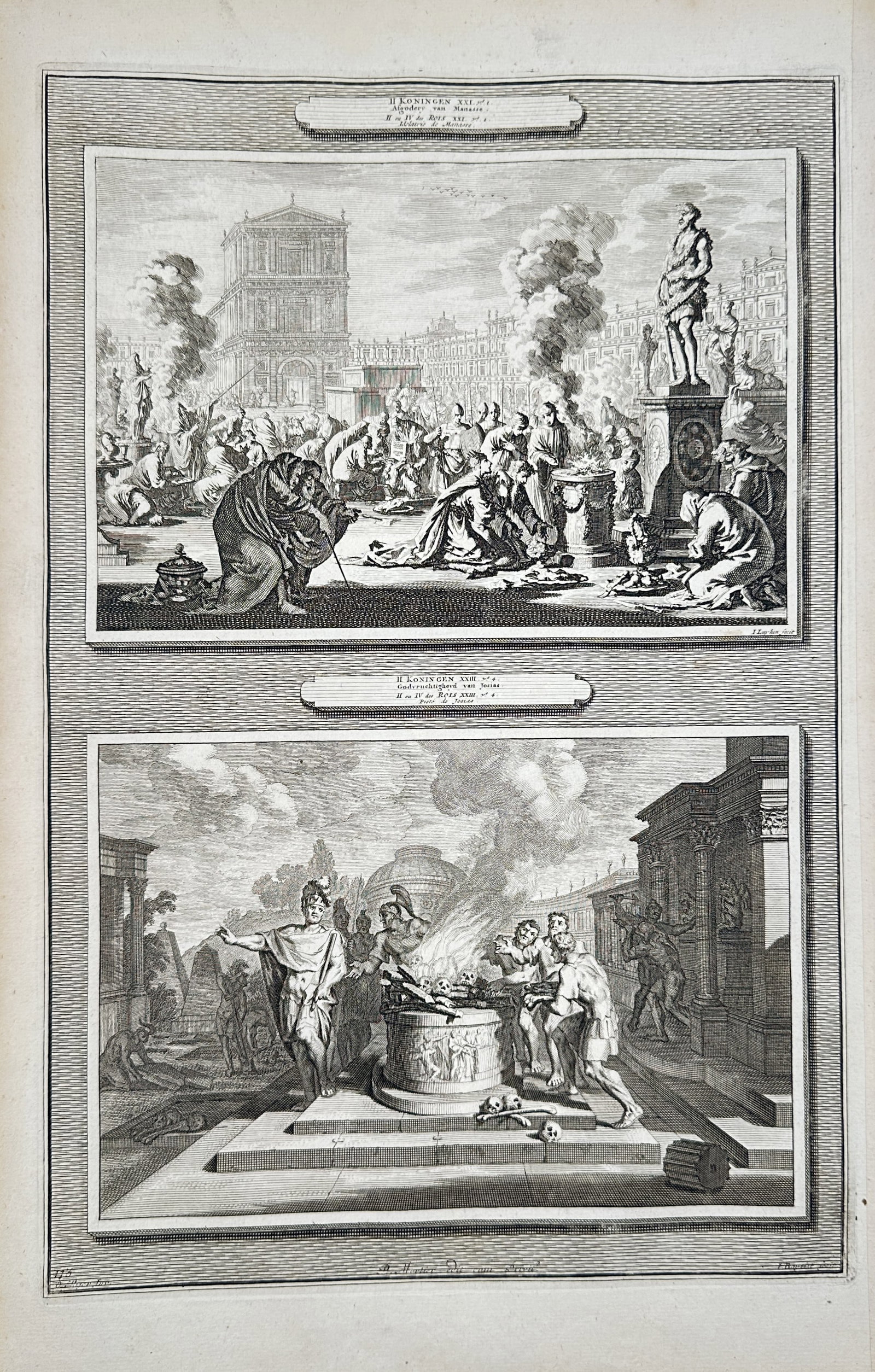 Pierre Mortier – Biblical Study of Idolatry and Sacrificial Altars – Engraving (18th Century): "The Idolatry of Manasseh" presents a religious study illustrating two separate narrative registers showing figures gathered before smoking classical altars, statues of false deities, and imposing arc