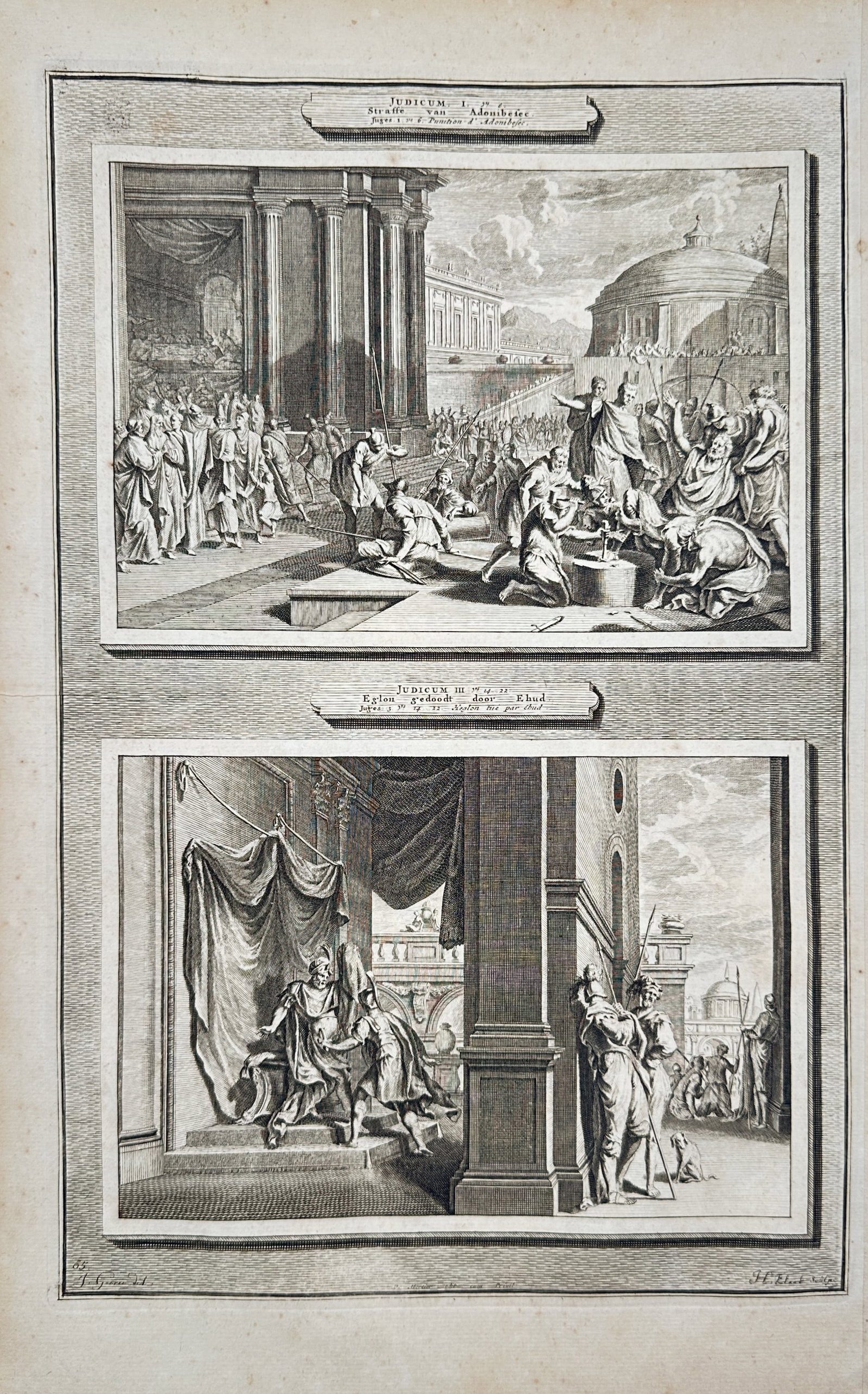 Pierre Mortier – Biblical Study of Divine Justice and Judgments – Engraving (18th Century): "The Punishment of Adonibezek" presents a religious study illustrating two separate narrative registers showing Old Testament scenes from the Book of Judges, depicting historical accounts of political
