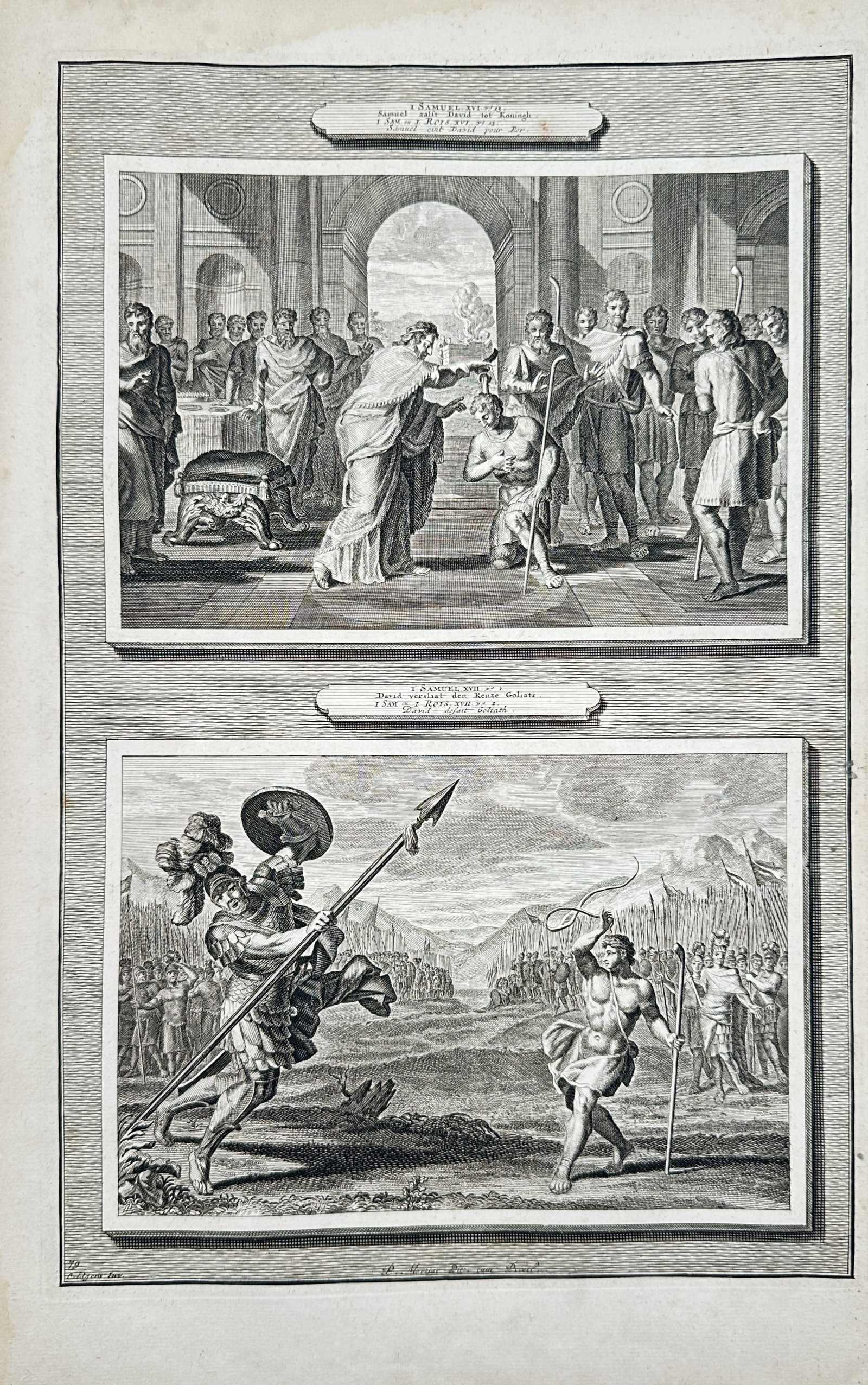 Pierre Mortier – Biblical Study of the Life of David – Engraving (18th Century): "The Anointing of David" presents a religious study illustrating two separate narrative registers showing Old Testament scenes from the Book of Samuel, depicting the prophet Samuel anointing the youth