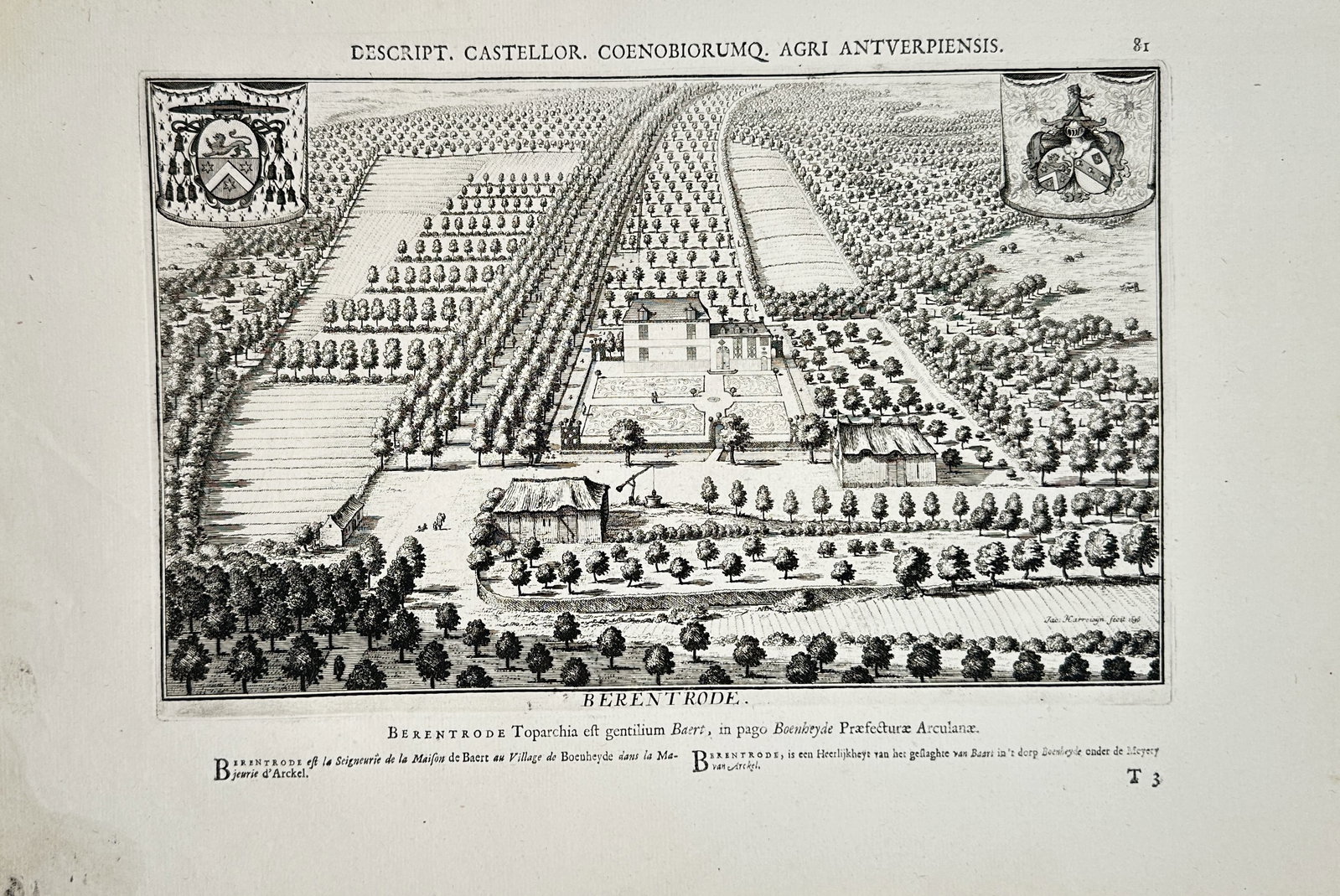 Jacques Le Roy – Topographical Study of Berentrode Estate – Engraving (1696): "Berentrode" presents a topographical study illustrating a detailed bird's-eye view of a grand country estate, featuring a central manor house surrounded by formal geometric gardens, long tree-lined a