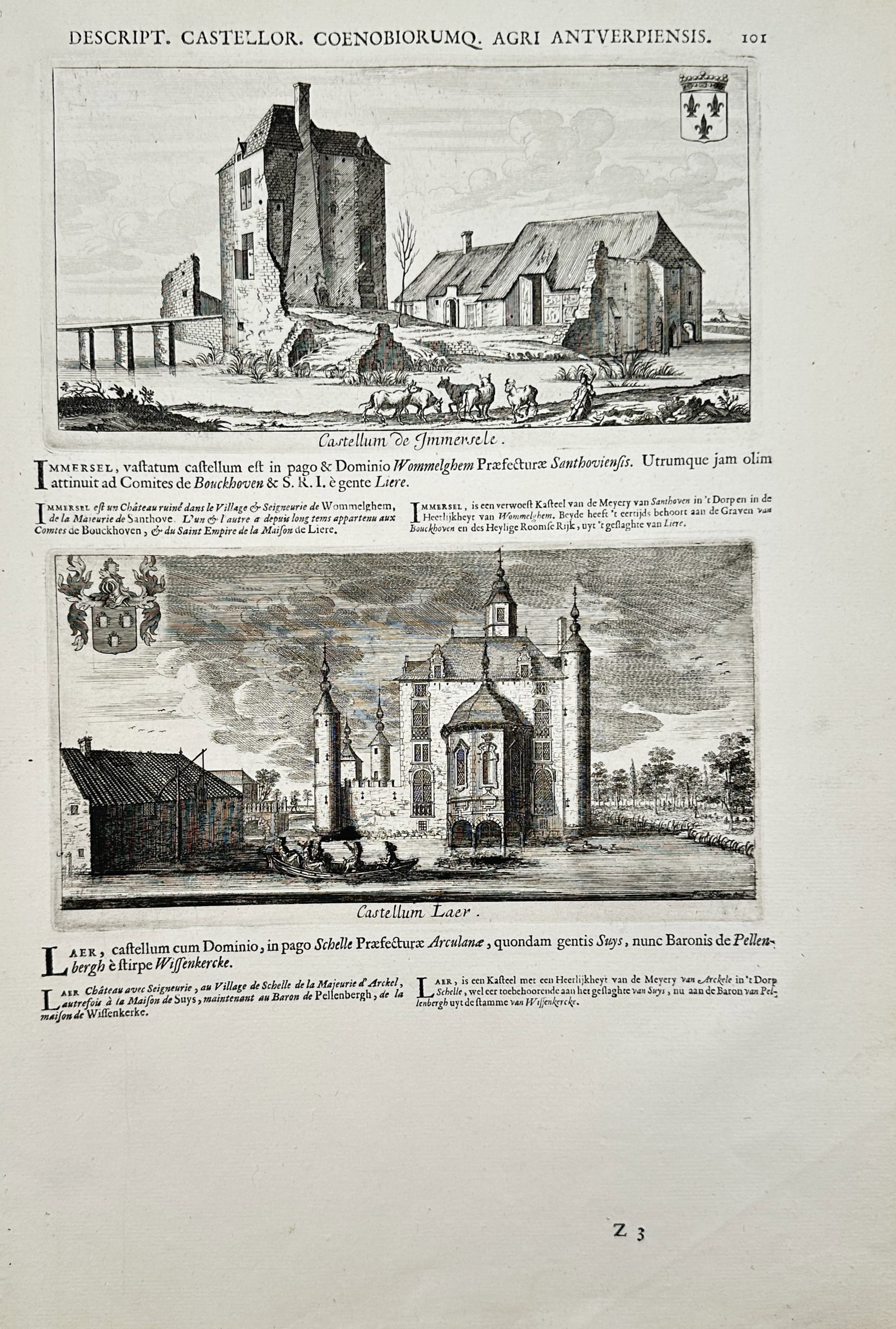 Jacques Le Roy – Topographical Study of Immereel and Laer Castles – Engraving (1696): "Castellum De Immereele" presents a topographical study illustrating two separate horizontal registers showing views of aristocratic estates in the Antwerp region, featuring the ruined stone structure