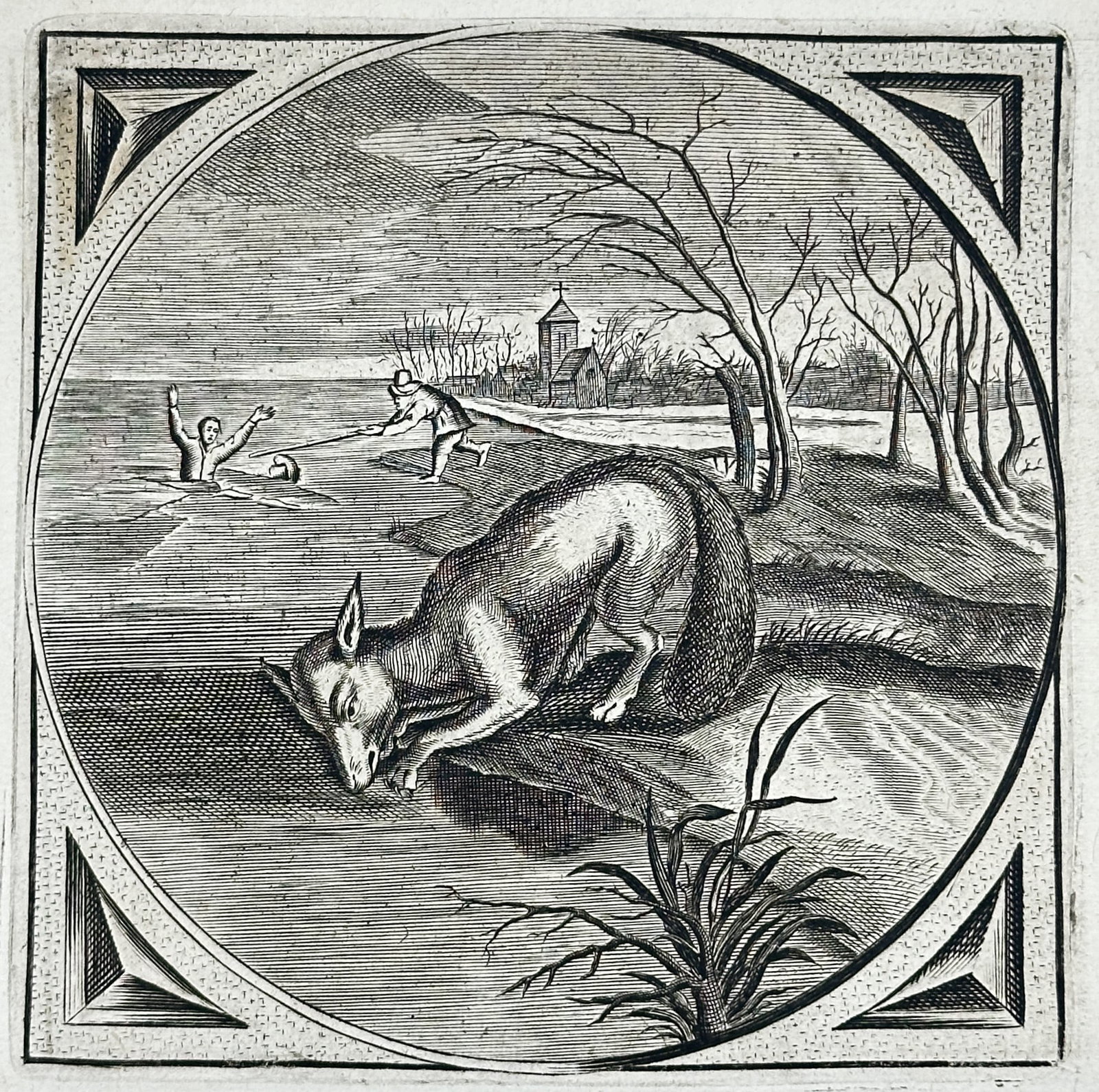 Jacob Cats – Moral Emblem on Caution and Deliberation – Engraving (17th Century): "Wickt Eerje Waegt" presents a moralistic emblem study illustrating an allegorical scene within a circular frame where a clever fox cautiously tests the ice at the edge of a body of water, while figur
