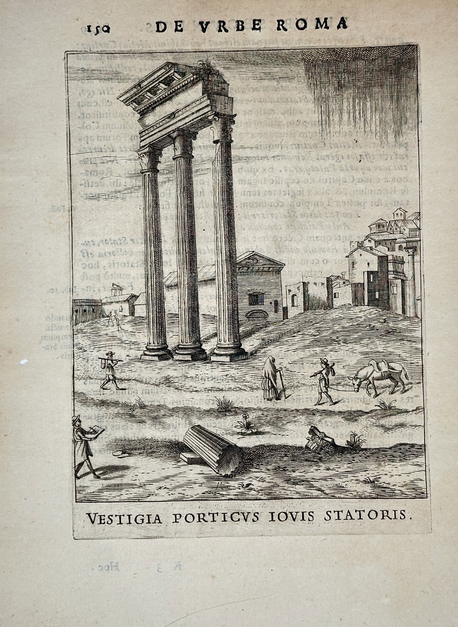 Alessandro Donati – Archaeological Study of the Portico of Jupiter Stator – Engraving (17th: "Vestigia Porticvs Iovis Statoris" presents an archaeological study illustrating three standing classical Corinthian columns with a partial entablature rising above an open field with scattered travel