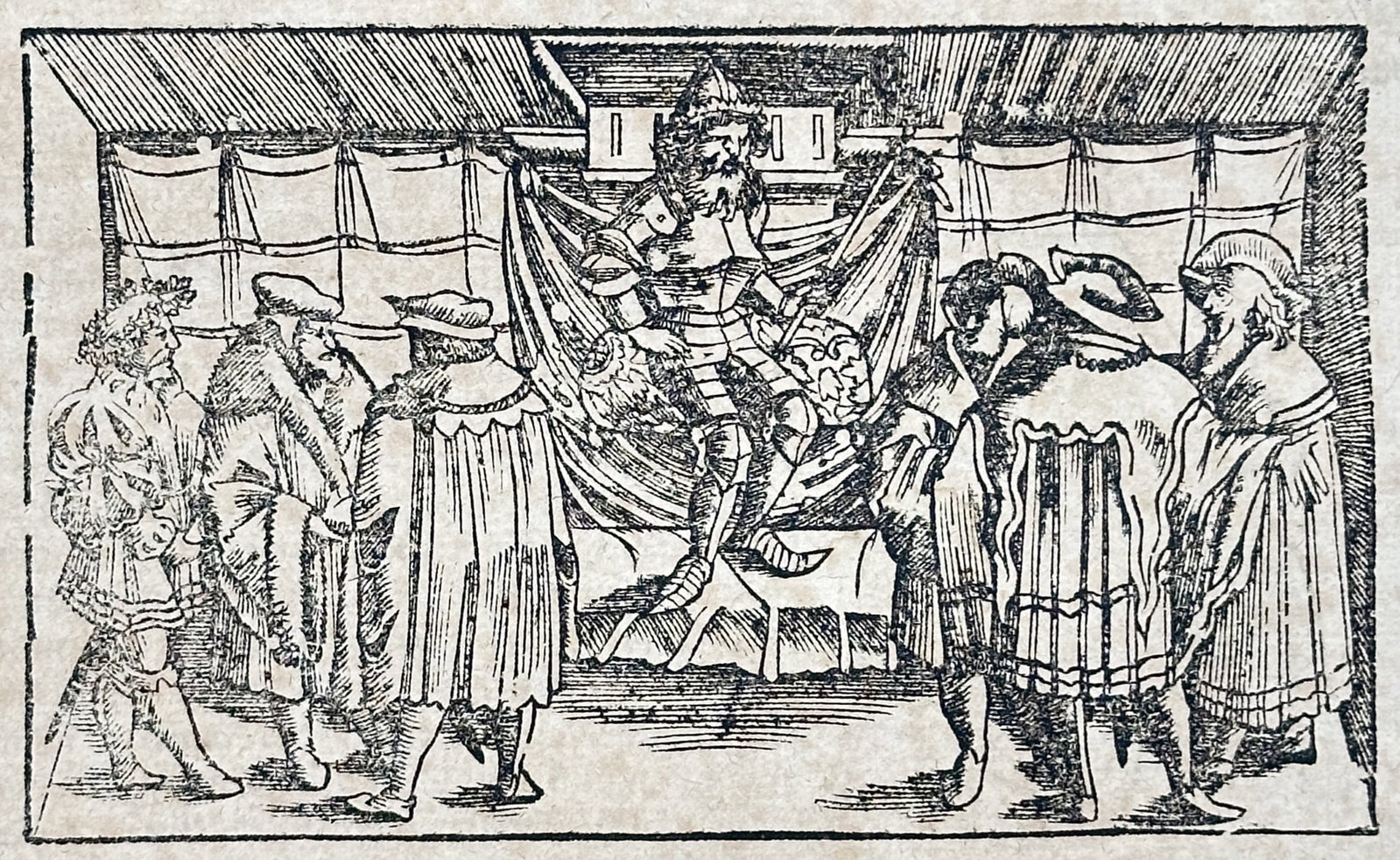 Sebastian Münster – Cosmographical Historical Study of a Royal Audience – Woodcut (16th: "Das Dritte Buch" presents a geographical and historical study illustrating a page from an early encyclopedia featuring an inset woodcut depicting a king seated upon an elevated throne receiving a gro