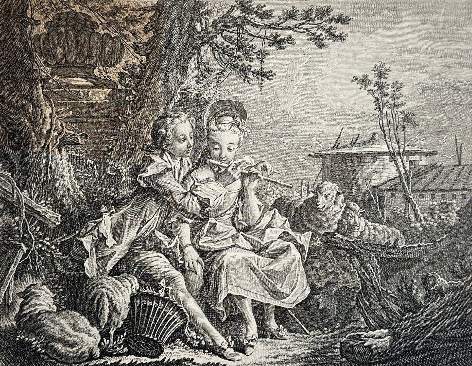 Claude-Augustin Duflos – Genre Study of a Shepherdess with a Flute – Engraving (18th Century) (1 of 3)