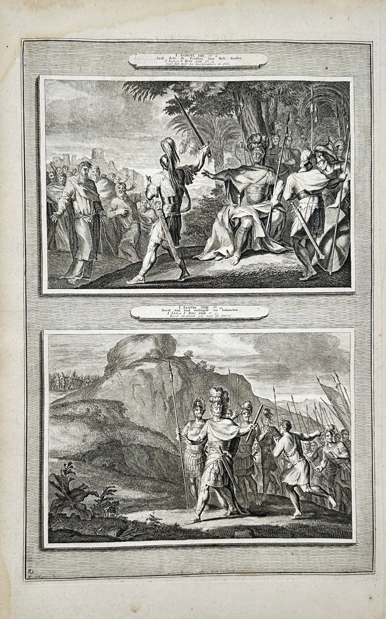 Pierre Mortier – Biblical Study of the Book of Samuel – Engraving (18th Century): "Book of Samuel" presents a religious historical study illustrating two separate multi-figure biblical narrative scenes framed within a larger decorative plate, showing stylized ancient warriors, a se