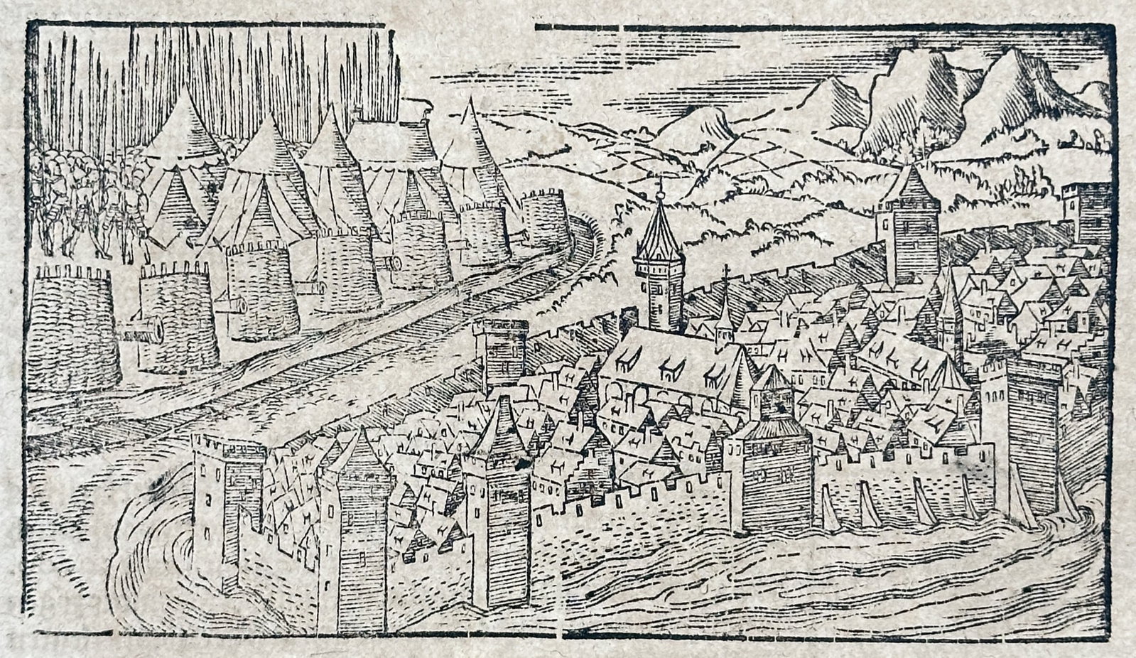 Sebastian Münster – Cosmographical Historical Study of the Siege of Zurich – Woodcut: "Von dem Teutschen Lande" presents a geographical and historical study illustrating a text-dominated page from an early encyclopedia featuring an inset woodcut depicting a fortified city under siege w