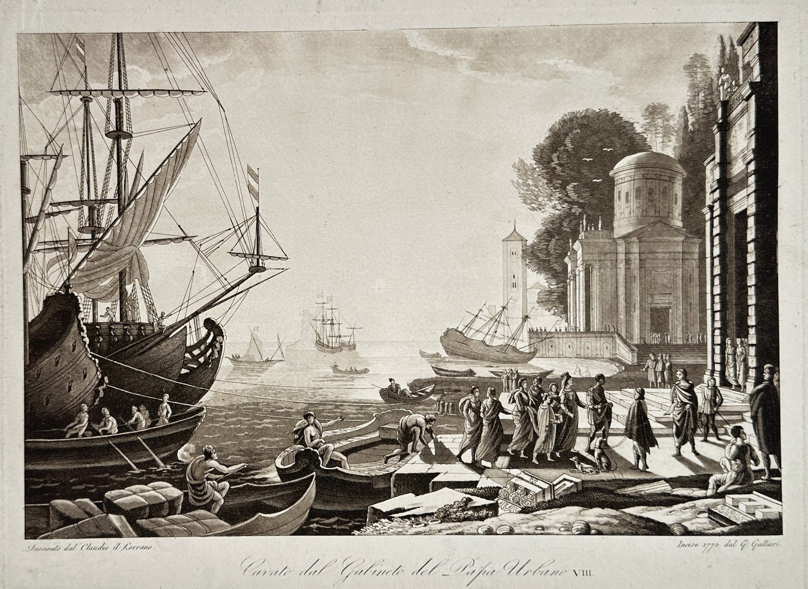 Gasparo Galliari – Classical Seaport Study with Figures and Shipping – Engraving (18th Century) (1 of 2)