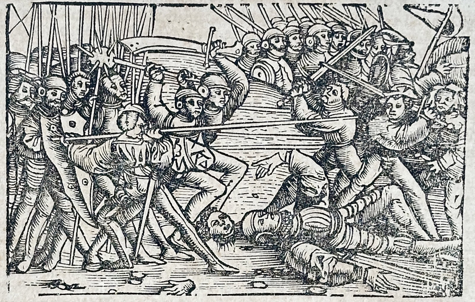 Sebastian Münster – Cosmographical Historical Study of Germanic and Frankish Leaders – Woodcut: "Das Dritte Buch" presents a geographical and historical study illustrating a text-dominated page from an early encyclopedia featuring two inset woodcuts, with one depicting an active field battle or 