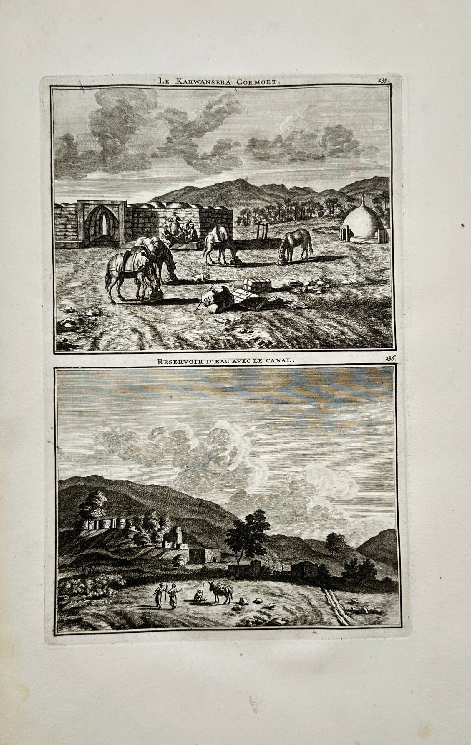 Cornelis de Bruijn – Topographical Study of a Caravanserai and Water Reservoir – Engraving: "Le Karwansera Gormort" presents a topographical and cultural study illustrating two separate Middle Eastern landscape views framed within a single plate, showing a roadside inn with resting pack anim