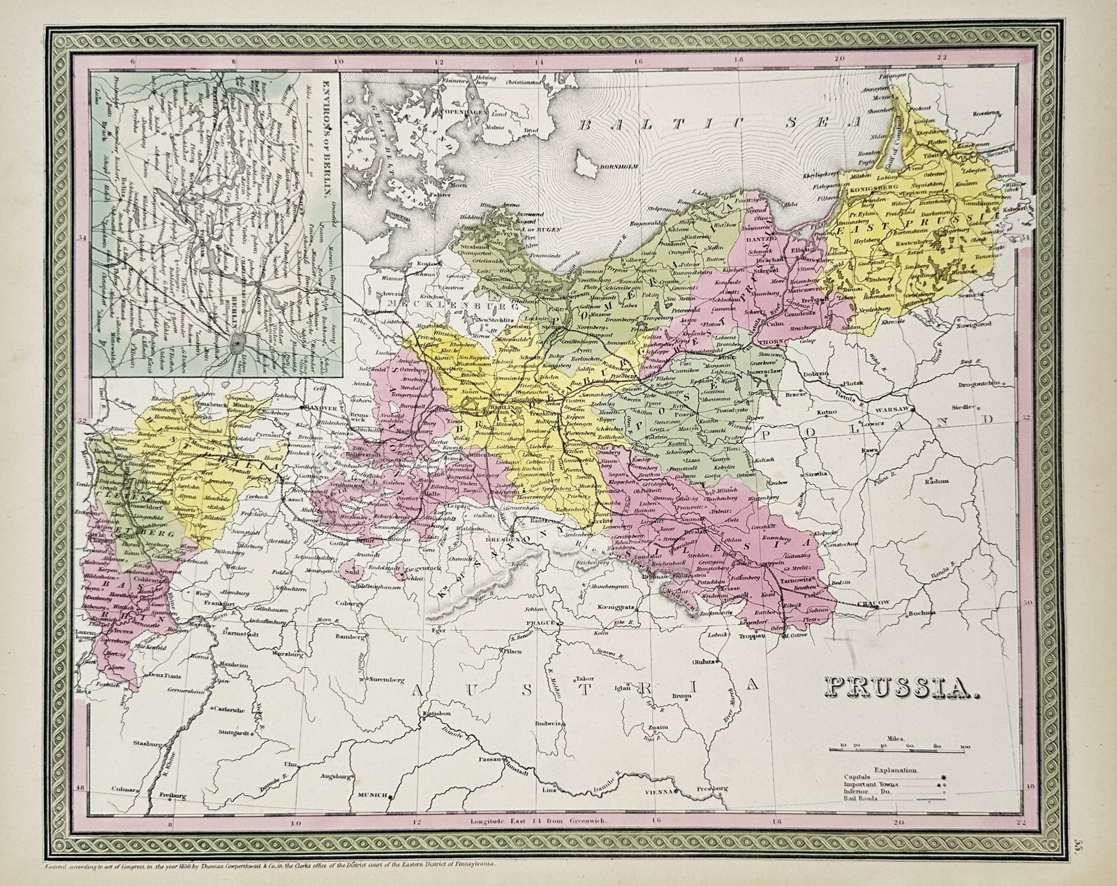 Thomas Cowperthwait and Company – Map of Prussia – Germany – Hand-colored engraving (1850): "Prussia" presents a geographical cartographic study illustrating regional political borders, coastal boundaries along the Baltic Sea, major internal transportation routes, and towns, with an integrat