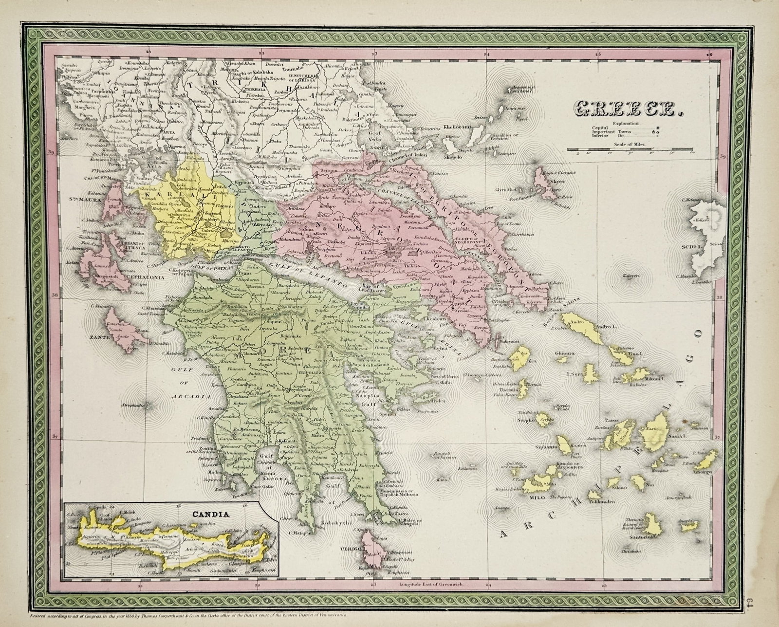 Thomas Cowperthwait and Company – Map of Greece – Europe – Hand-colored engraving (1850) (1 of 2)