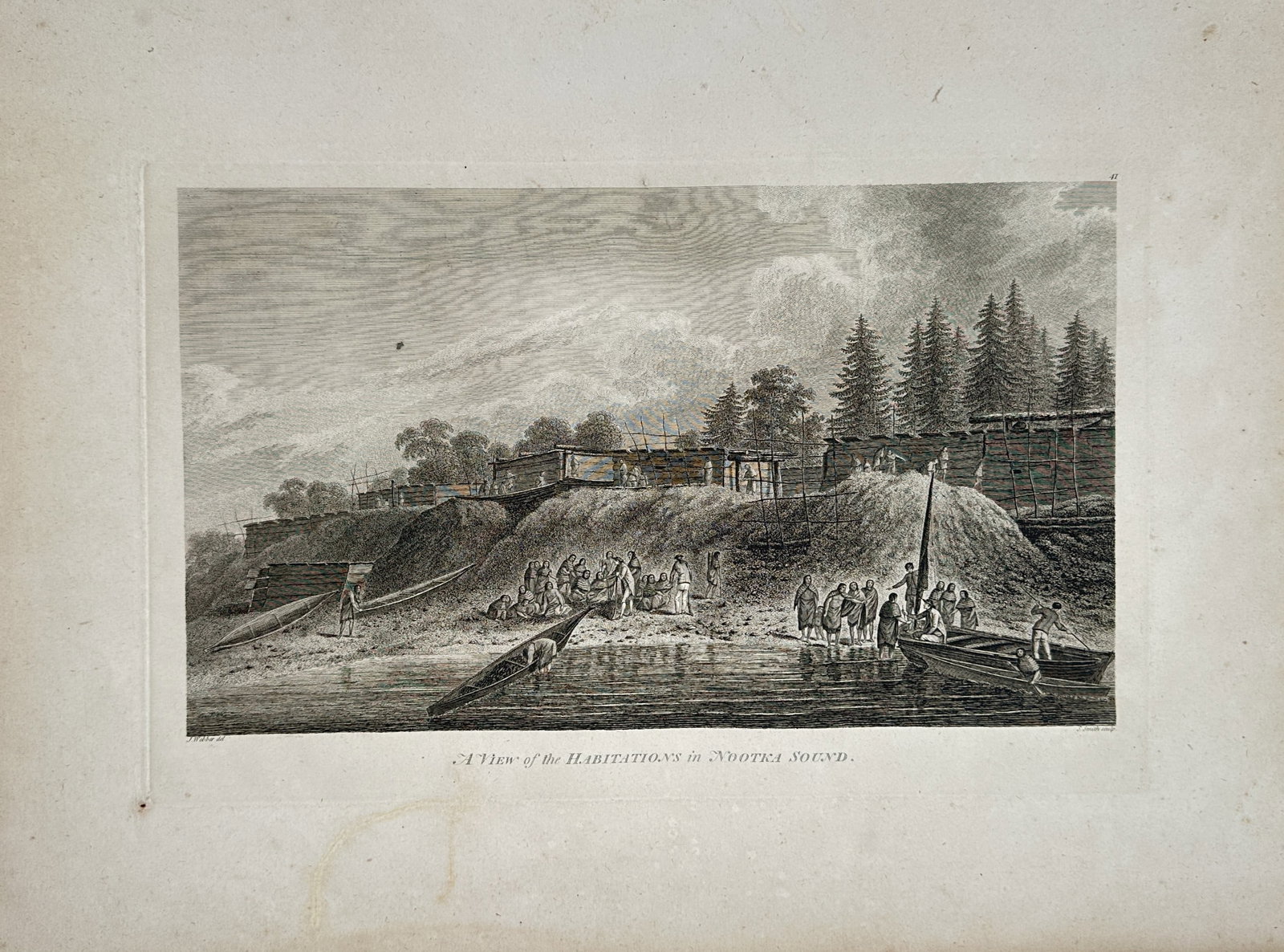 John Webber – Ethnographic Study of Habitations in Nootka Sound – Engraving (18th Century): "A View of the Habitations in Nootka Sound" presents an ethnographic landscape study illustrating an Indigenous coastal settlement with large wooden plank houses situated on a terraced embankment flan