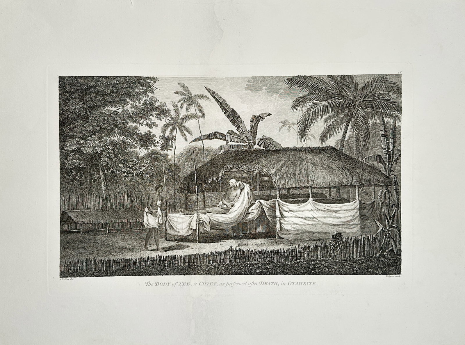 John Webber – Ethnographic Study of an Indigenous Burial Site in Tahiti – Engraving (18th: The Body of Tee, a Chief, as Preserved After Death, in Otaheite presents an ethnographic landscape study illustrating a traditional funerary ritual where a shrouded body is displayed under an open tha
