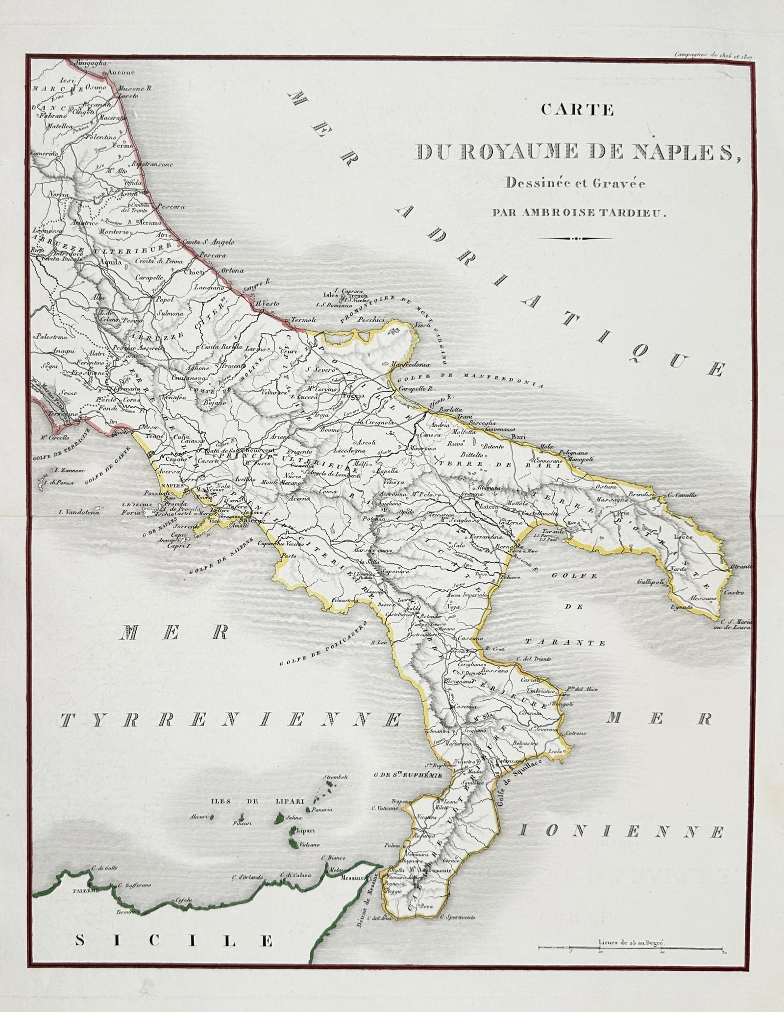 Ambroise Tardieu – Map of the Kingdom of Naples – Italy – Engraving (19th Century): "Map of the Kingdom of Naples" depicts a broad overview of the southern Italian peninsula including topography, regional settlements, and coastal boundaries along the surrounding seas. The cartographi