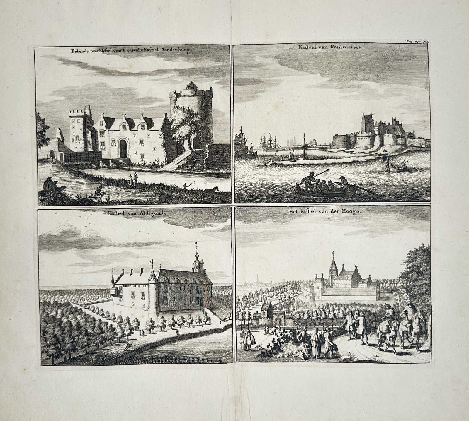 Cornelis de Bruijn – Architectural Study of Dutch Castles – Engraving (18th Century): "Known Remnants of the Former Sandenburg Castle, Rammekens Castle, Saint-Aldegonde Castle, and the Castle of de Hooge" depicts a broad overview of four distinct regional fortresses, manor houses, and 
