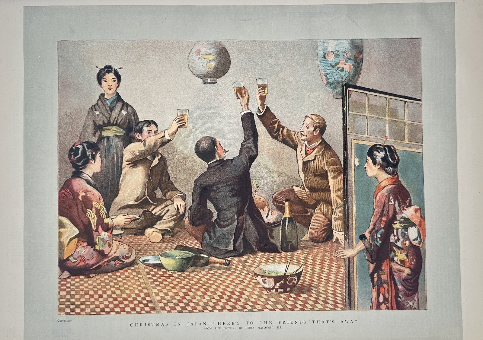 The Graphic – Scene of a Christmas Celebration in Japan – Offset lithograph (19th Century): "Christmas in Japan: Here's to the Friends That's Awa" depicts a broad overview of Western gentlemen and Japanese women gathered together in an interior room raising their glasses for a holiday toast.