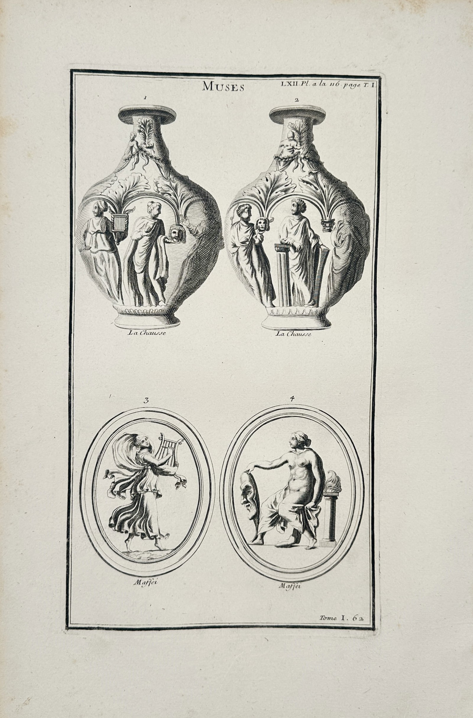 Bernard de Montfaucon – Classical Study of Muses – Engraving (1714): Muses depicts a broad overview of classical antiquities featuring ornate vases decorated with figures and oval medallions showing detailed mythological characters. The composition illustrates ancient 