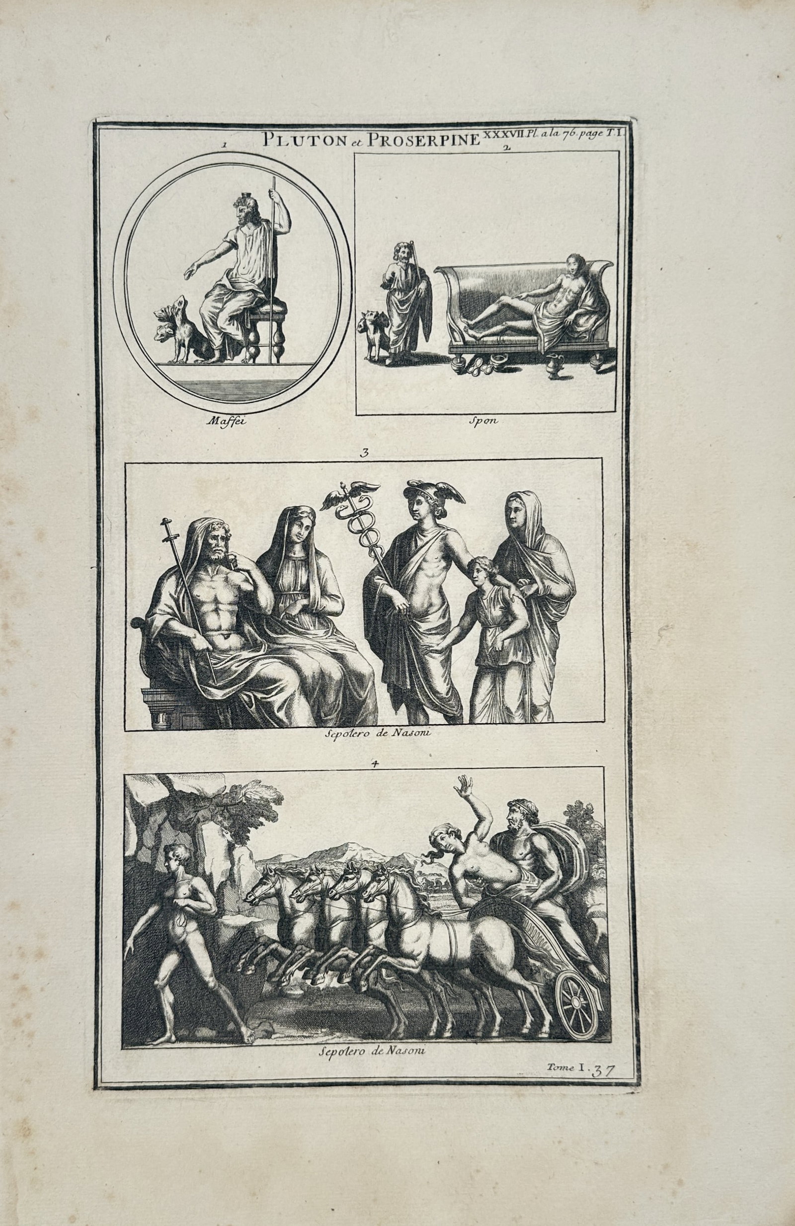 Bernard de Montfaucon – Classical Study of Pluto and Proserpine – Engraving (1714): "Pluto and Proserpine" depicts a broad overview of classical mythological scenes showcasing underworld deities alongside symbolic figures and a dramatic horse-drawn chariot narrative. The multi-panele