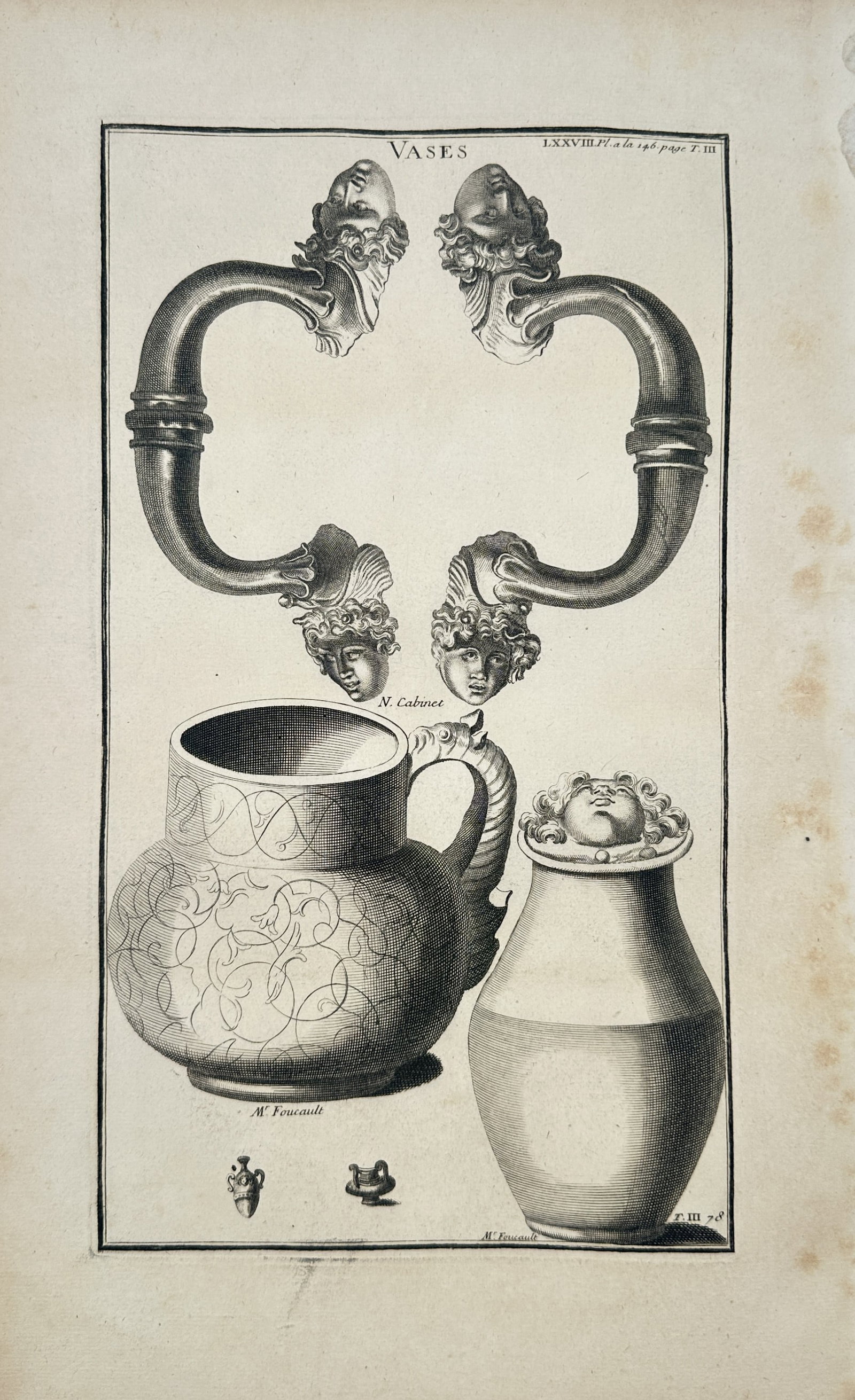 Bernard de Montfaucon – Classical Study of Vases – Engraving (1714): "Vases" depicts a broad overview of classical antiquities showcasing large decorative handles adorned with sculpted faces and ornate vessel bodies featuring intricate scrollwork patterns. The multi-pa