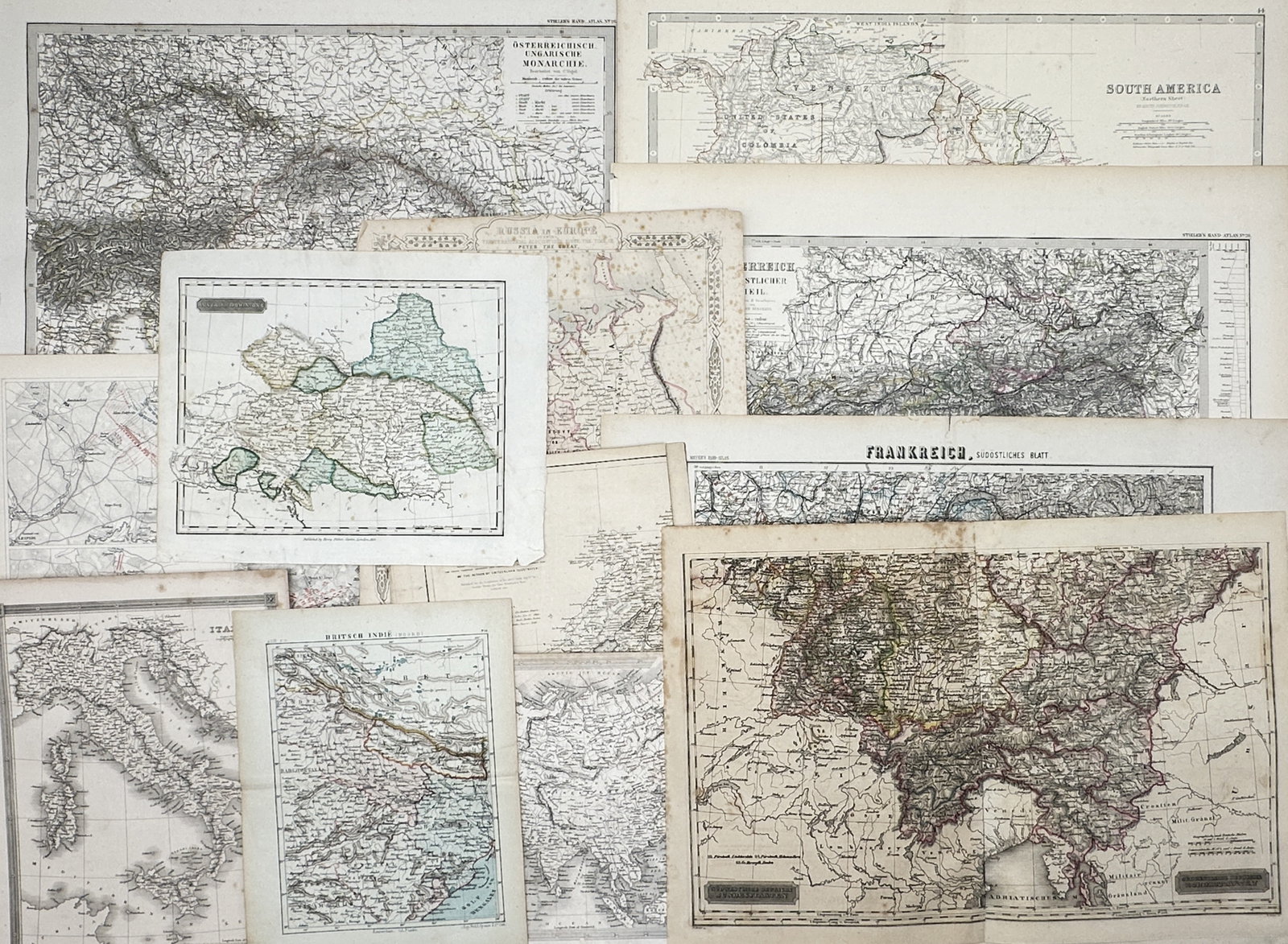 Different Authors – Set of 12: Historical Landmass Cartography (South America) – Engravings: "Historical Landmass Cartography" depicts a broad overview of various geographical regions including South America, the Austro-Hungarian Empire, Italy, and France across multiple historical documents.