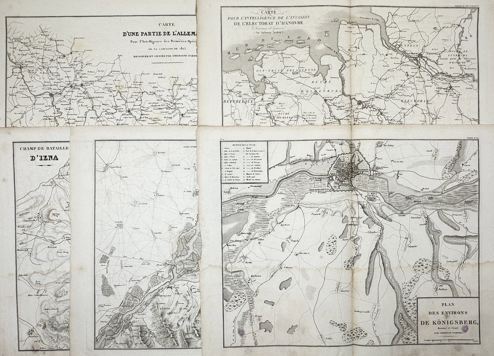 Ambroise Tardieu – Set of 5: Historic Campaign Maps – Engravings (19th Century): Plan of the Environs of Königsberg depicts a broad overview of various strategic routes, urban layouts, and waterways across multiple campaign maps. This collection of multi-paneled prints illustrate
