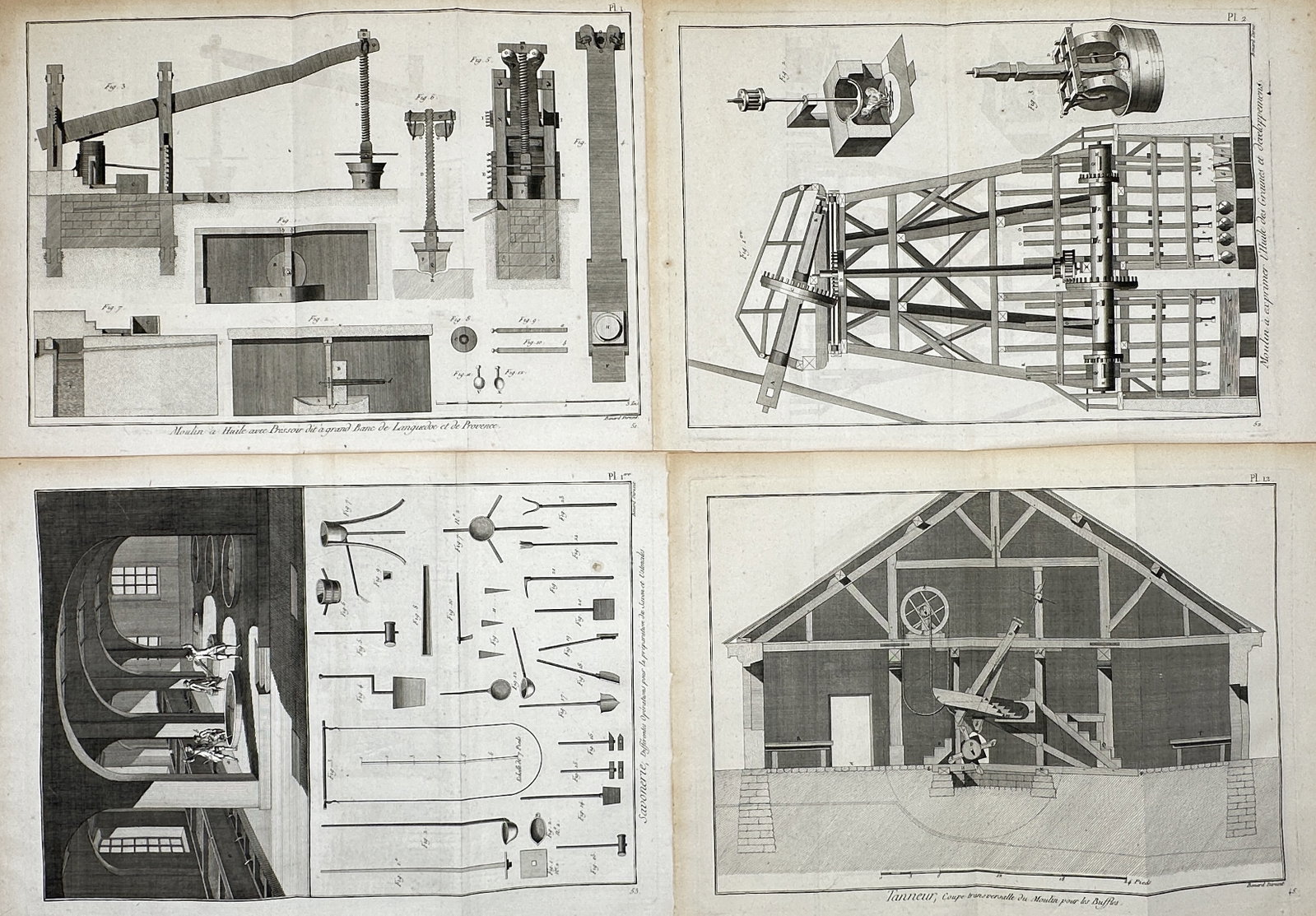 Robert Bénard – Set of 4: Technical and Mechanical Studies of Milling and Manufacturing Machinery: Oil Mill and Manufacturing Processes depicts a broad overview of complex industrial machinery, pressing levers, mechanical gear systems, workshop structural profiles, and specialized tools across a se