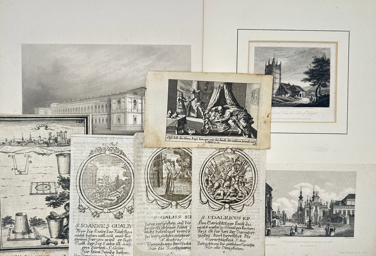 Unknown Artist – Set of 8: Eclectic Historical, Biblical, and Architectural Studies – Engravings: Historical and Biblical Miscellany depicts a broad overview of diverse figurative, architectural, and topographical scenes, including views of grand classical buildings, a rural church landscape, smal