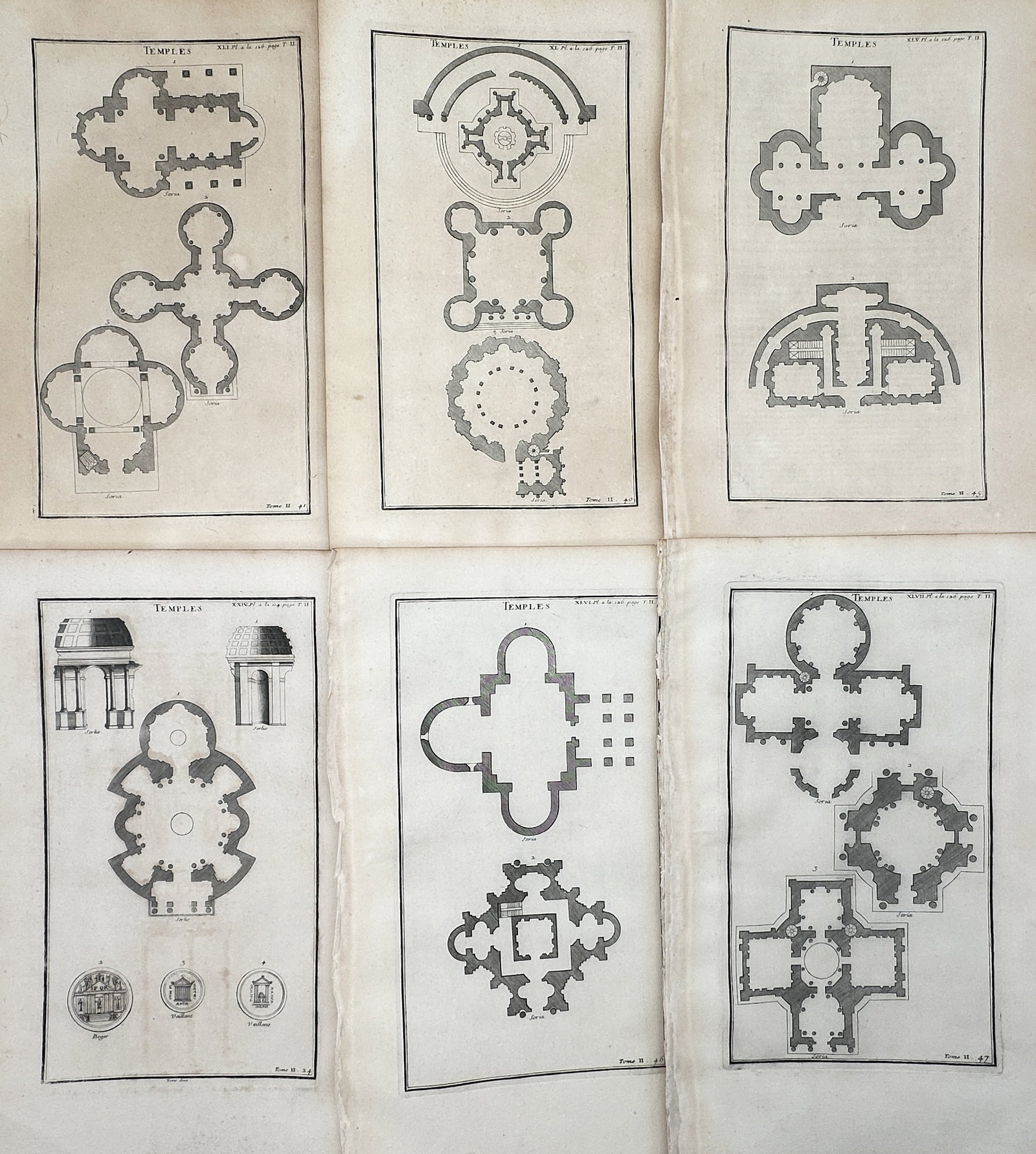 Bernard de Montfaucon – Set of 6: Architectural Studies and Ground Plans of Ancient Temples: "Temples" depicts a broad overview of classical architectural layouts, cruciform floor plans, rotunda structural geometry, and sacred sanctuary elevations across a series of archaeological reference p