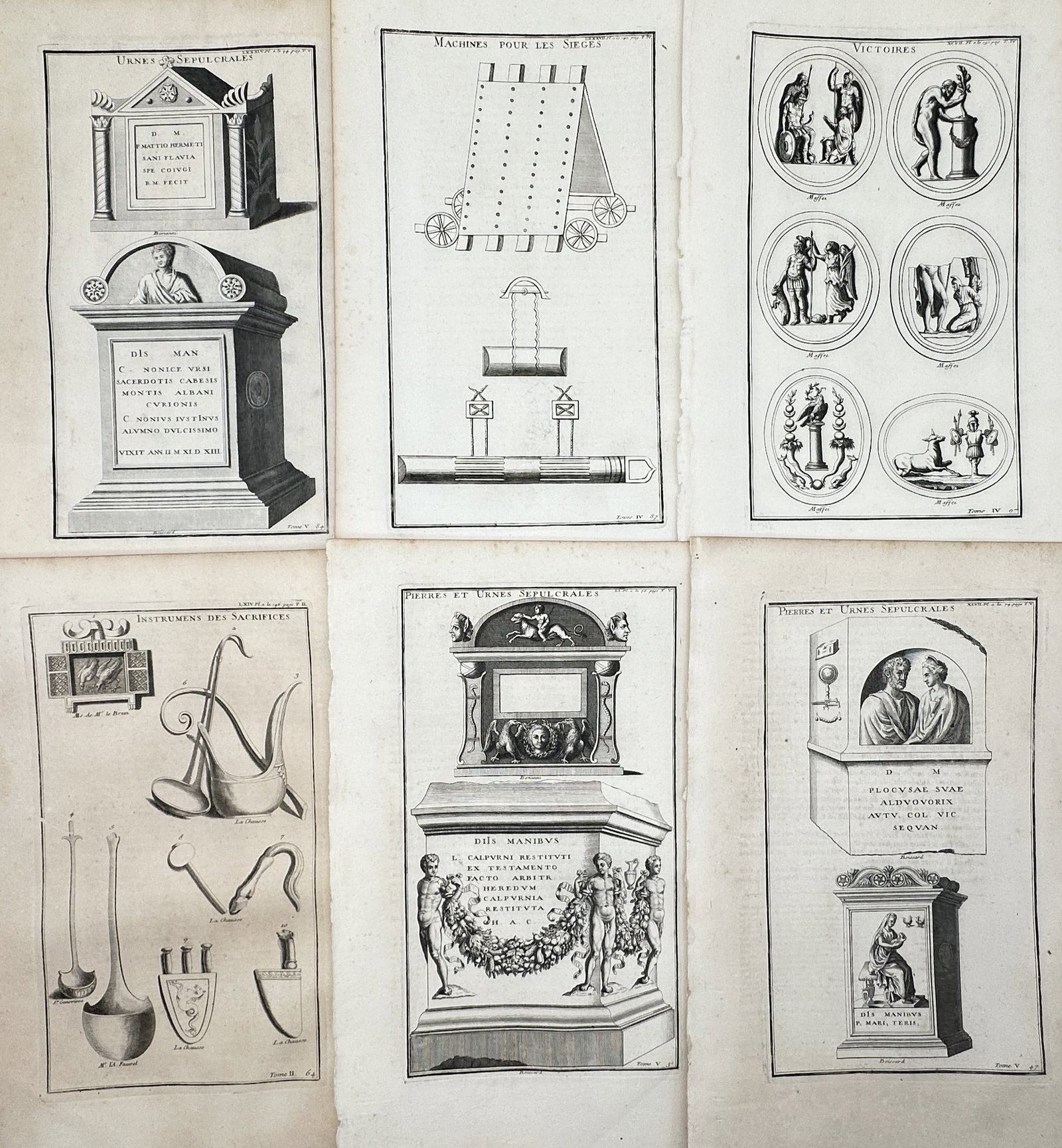 Bernard de Montfaucon – Set of 6: Studies of Classical Antiquities, Sepulchral Monuments, and: "Antiquities Collection" depicts a broad overview of classical cultural artifacts, including Roman sepulchral urns, relief-carved tombs, celebratory medallions, sacrificial instruments, and historical