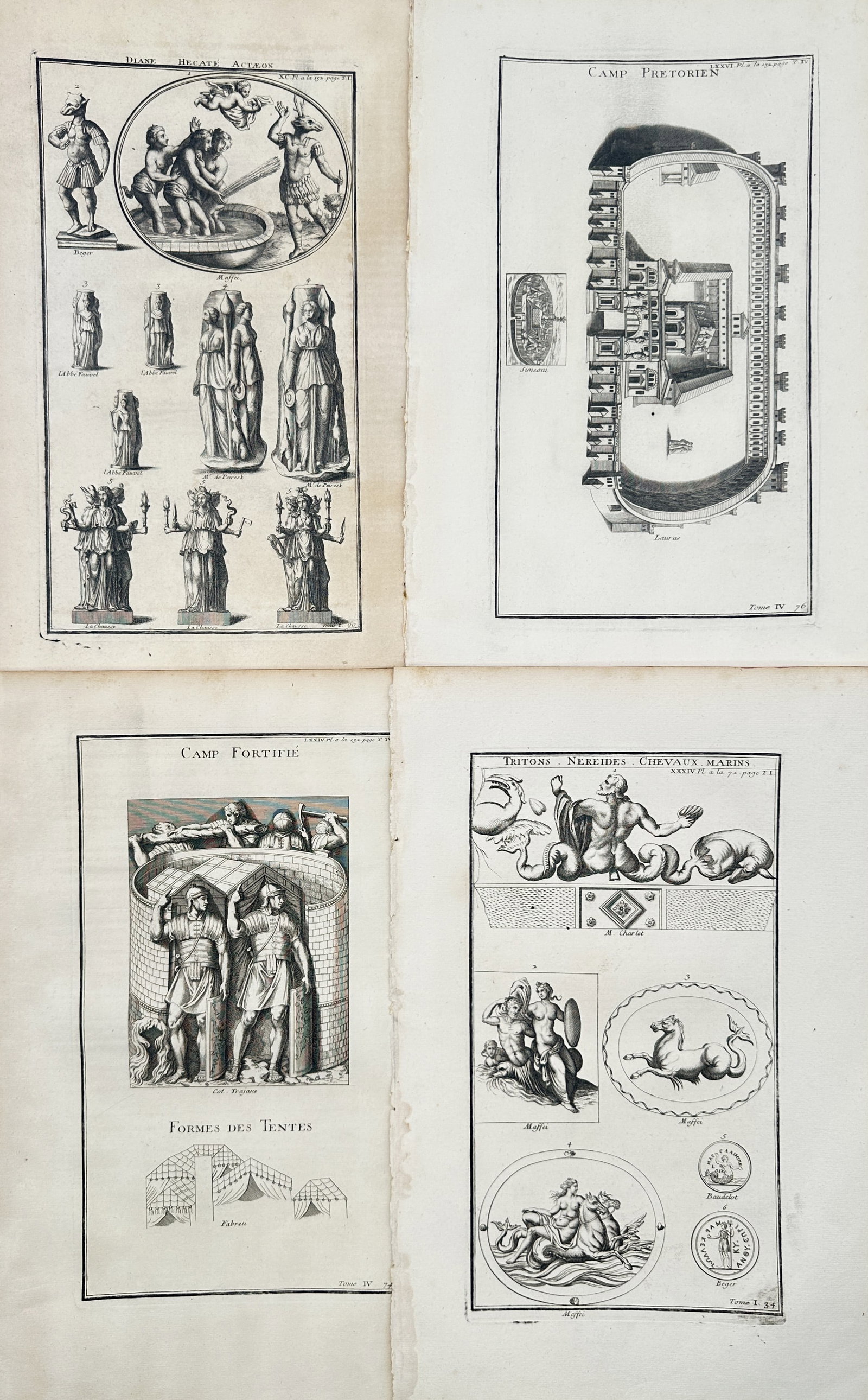 Bernard de Montfaucon – Set of 4: Studies of Classical Deities, Roman Fortifications, and Marine (1 of 2)